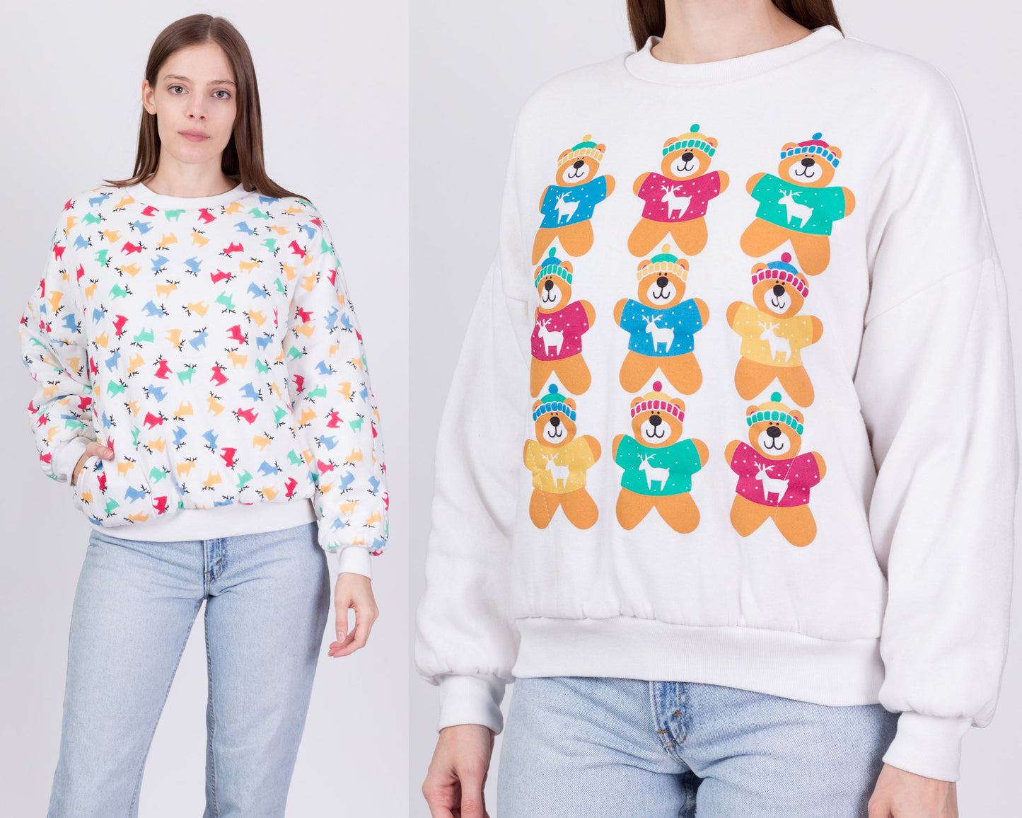 80s Reindeer Teddy Bear Reversible Sweatshirt - Medium 