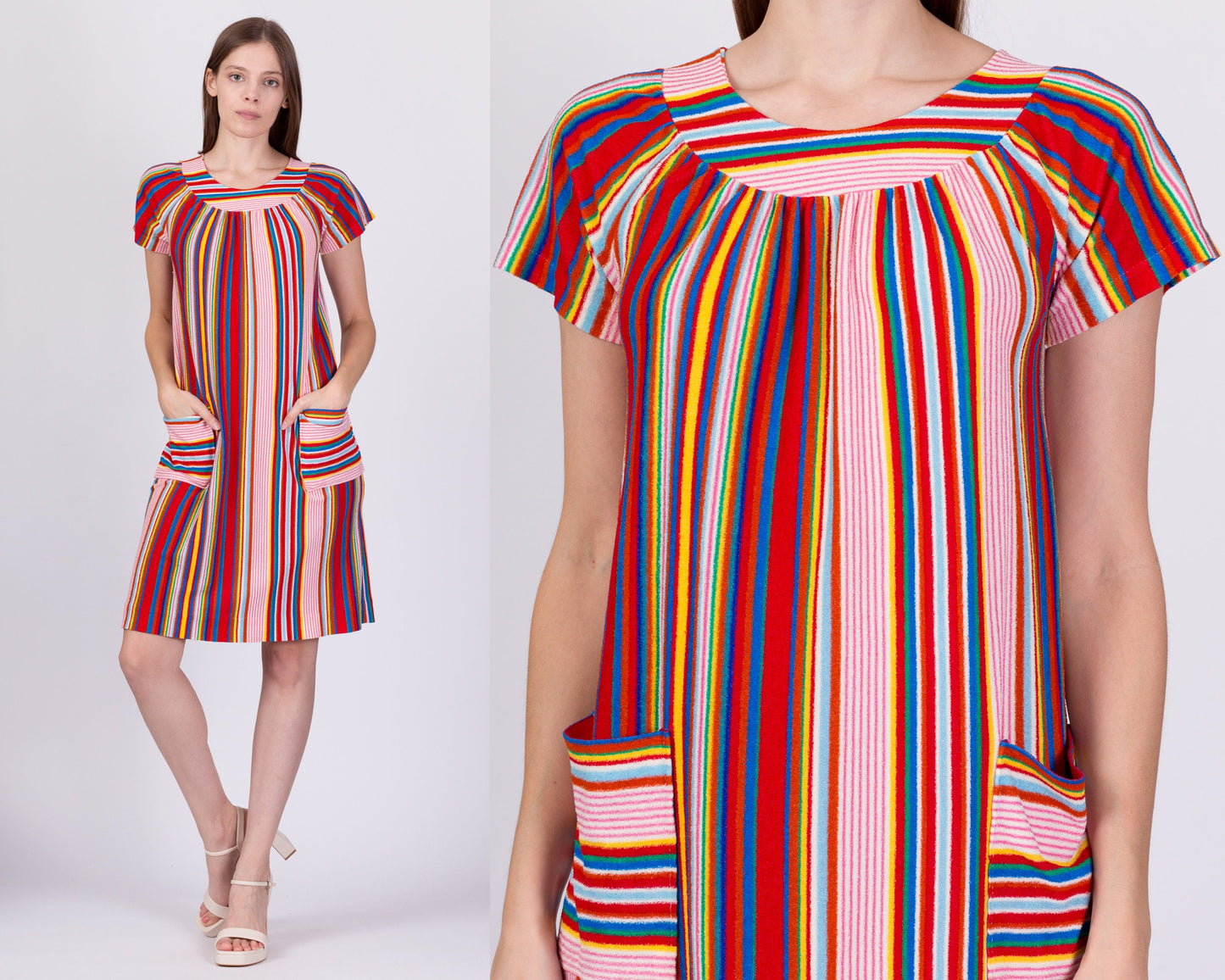 70s Rainbow Striped Terrycloth Dress - Extra Small 