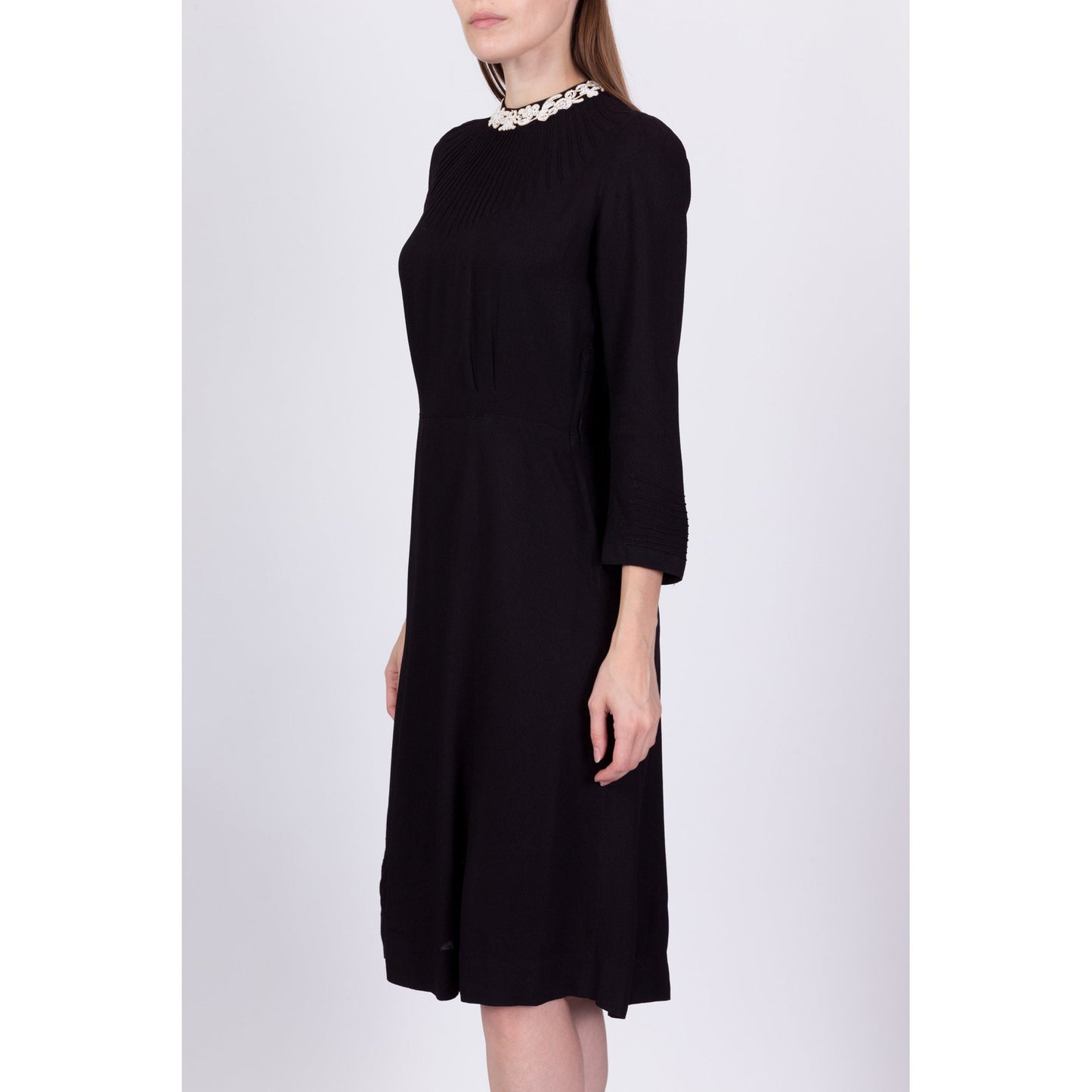 1940s Gothic Black & White Beaded Collar Dress - Petite Medium 