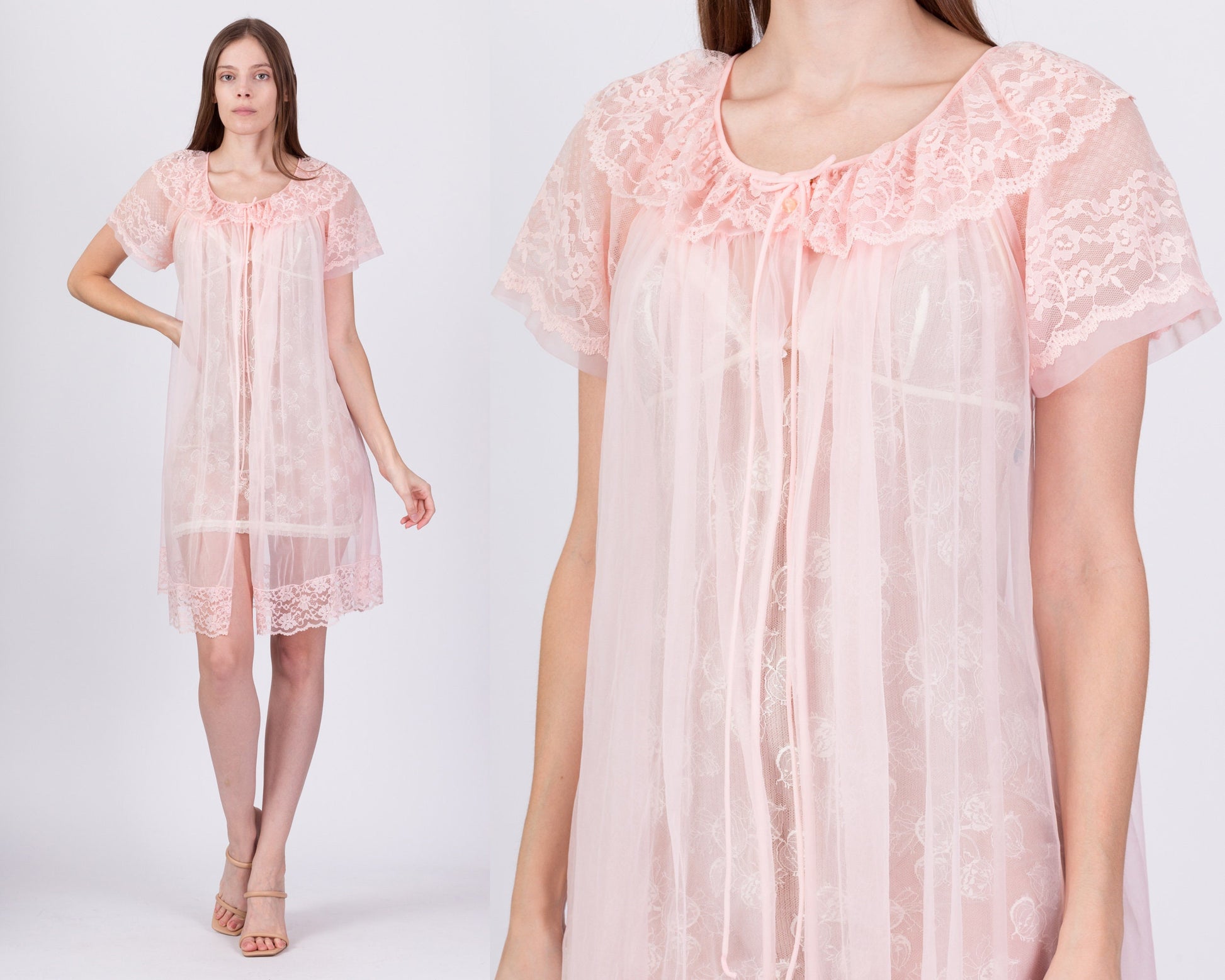 60s Sheer Pink Puff Sleeve Peignoir - Small 