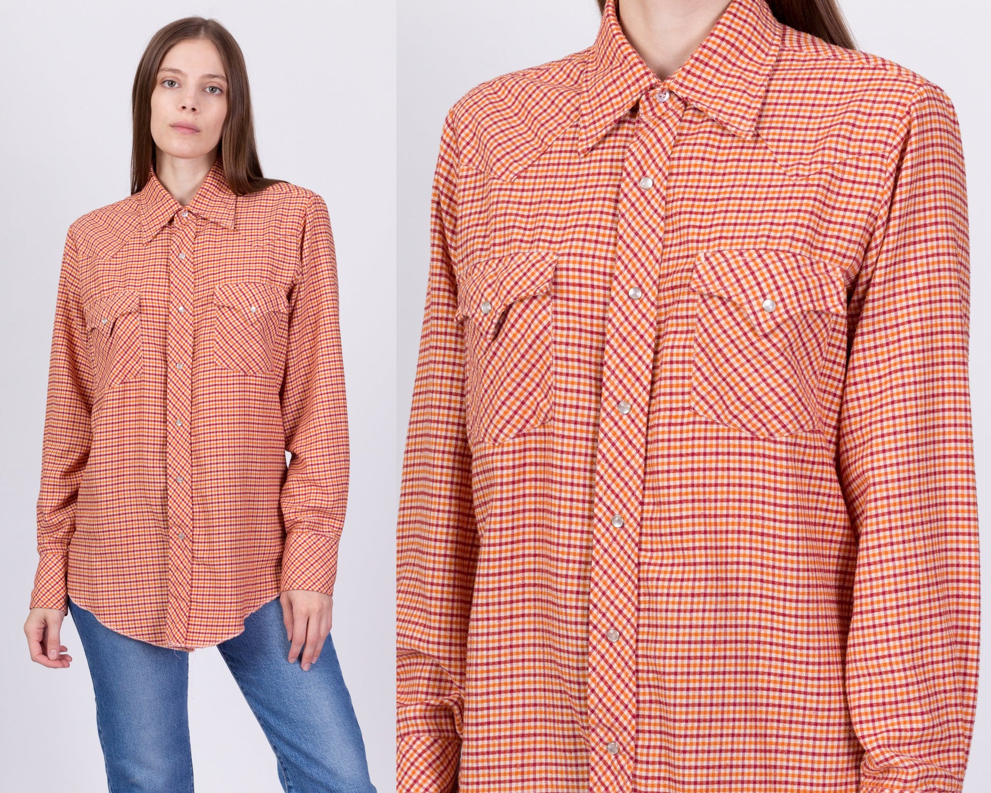 70s Plaid Flannel Western Pearl Snap Shirt - Men's Medium, Women's Large 