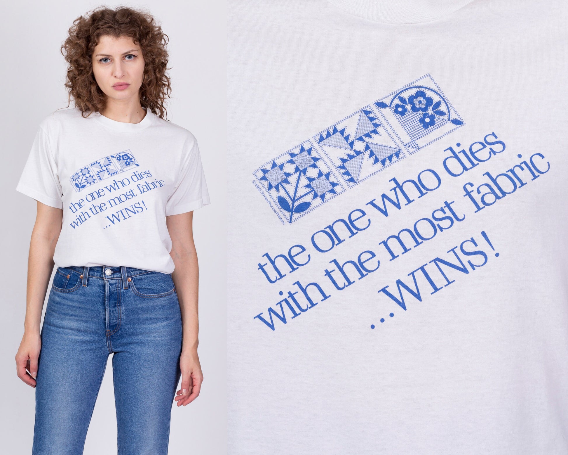 80s "The One Who Dies With The Most Fabric Wins" Quilting T Shirt - Large 