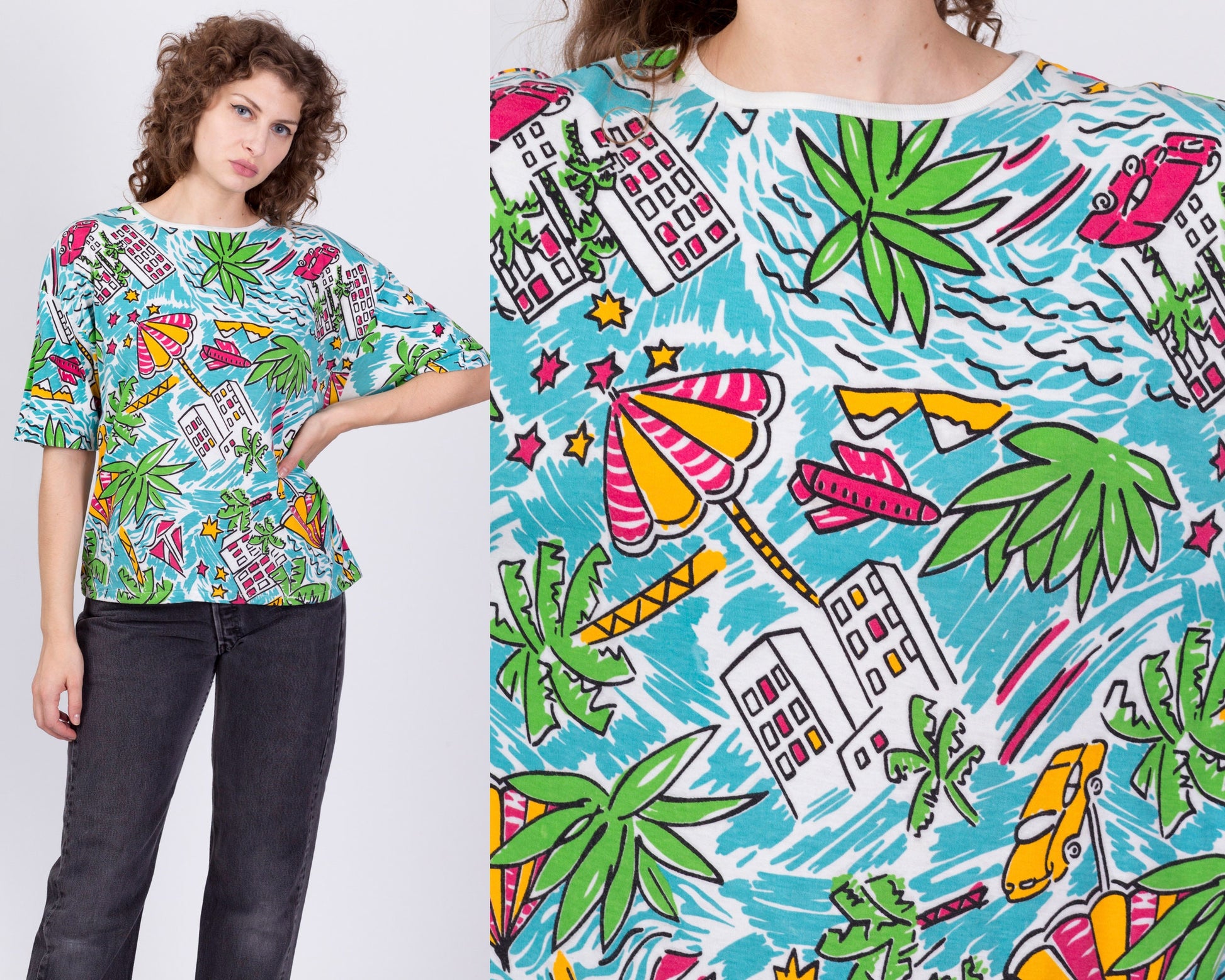 80s All Over Print Tropical Island Graphic T Shirt - Large 