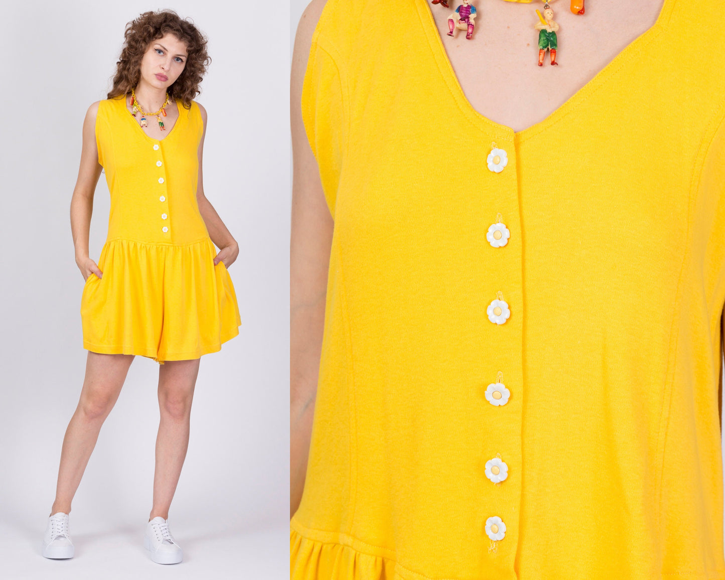 80s Yellow Daisy Button Romper, Deadstock With Tags - Large 