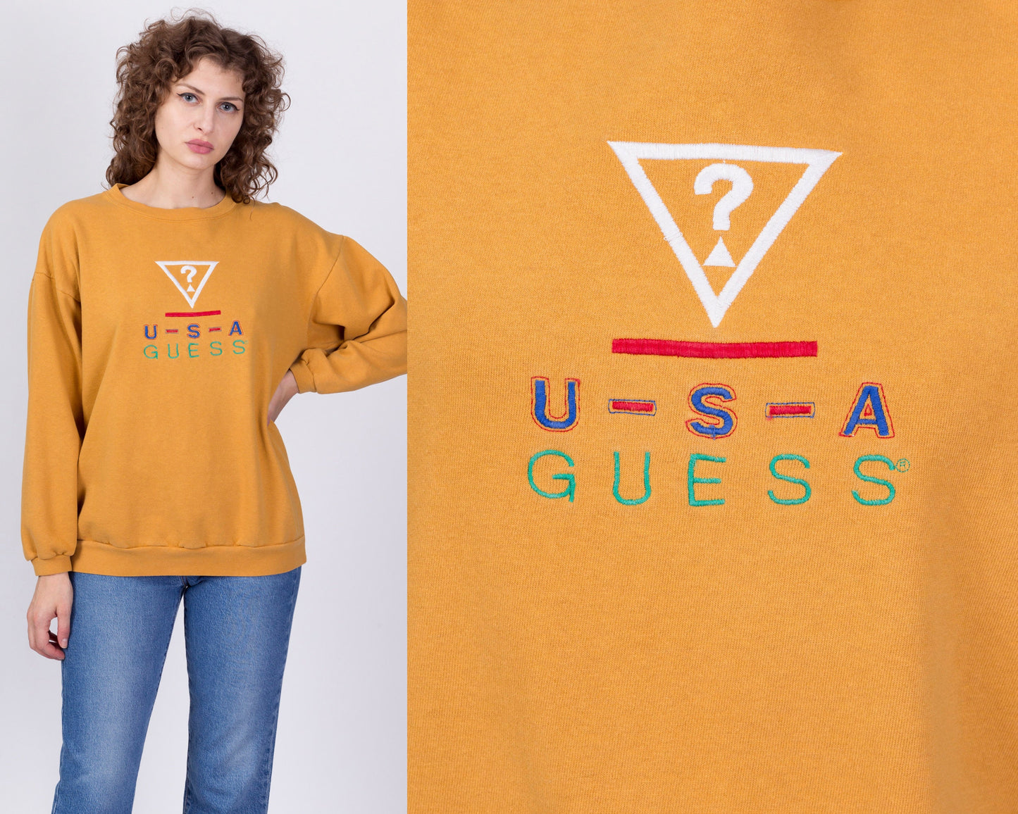 90s Guess USA Mustard Yellow Sweatshirt - One Size 