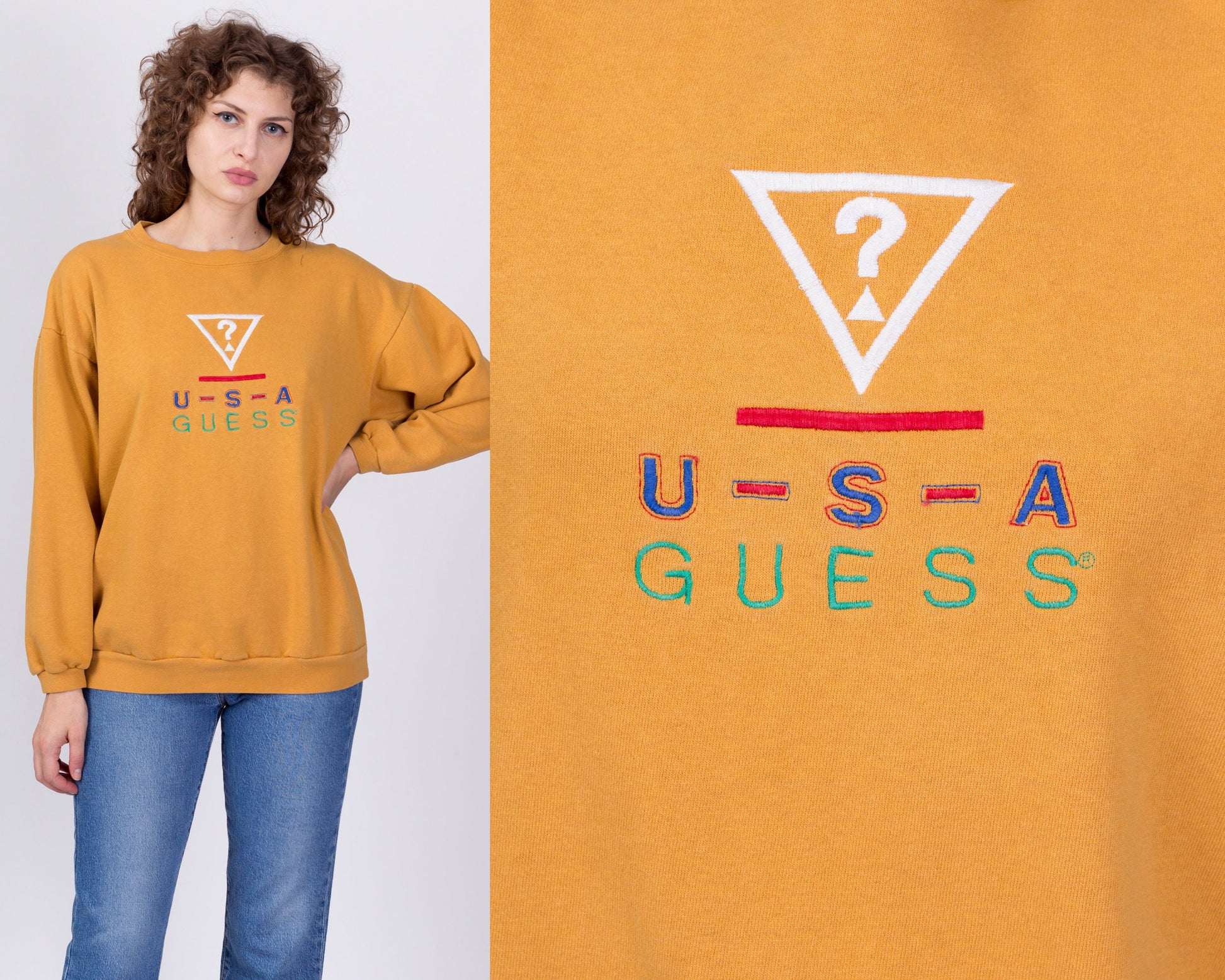 90s Guess USA Mustard Yellow Sweatshirt - One Size 