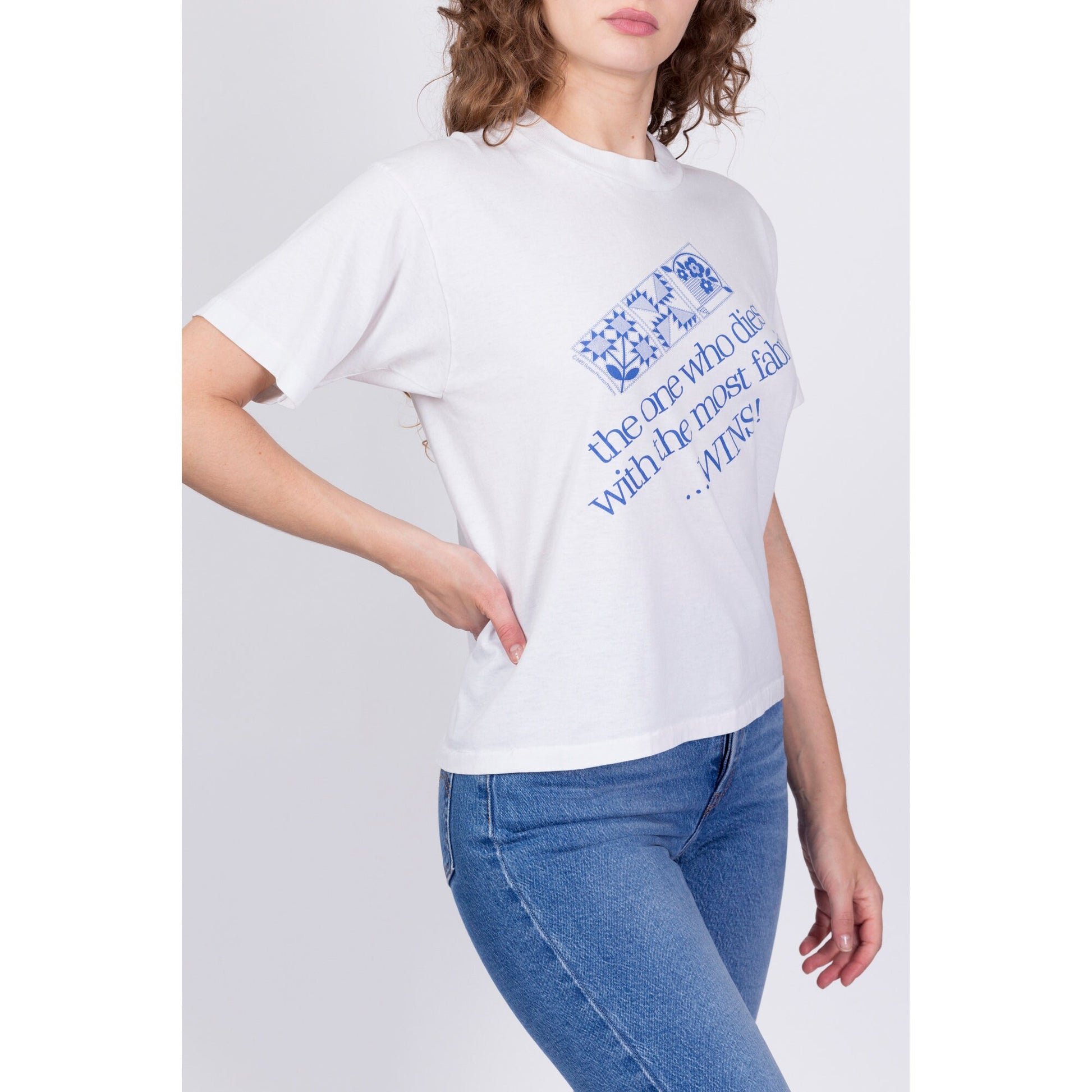 80s "The One Who Dies With The Most Fabric Wins" Quilting T Shirt - Large 
