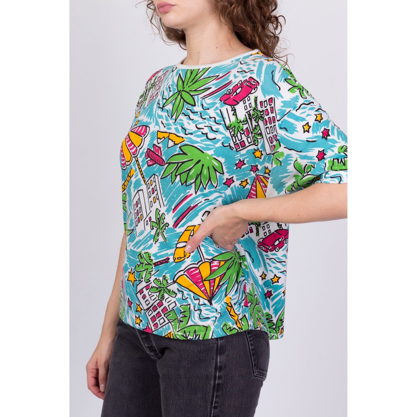 80s All Over Print Tropical Island Graphic T Shirt - Large 