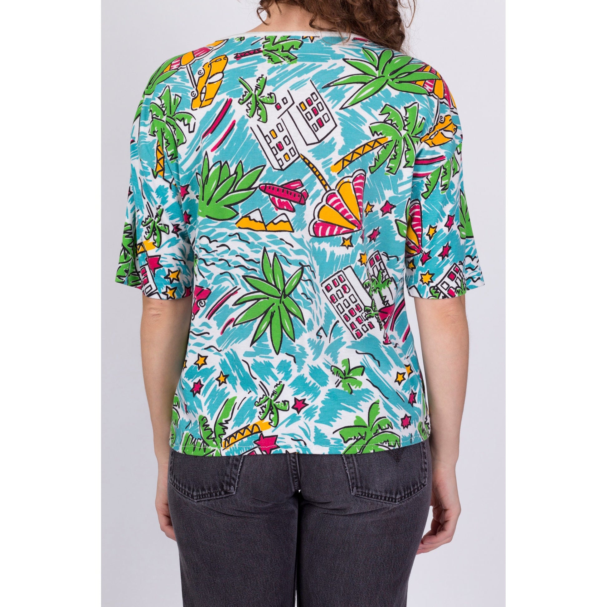 80s All Over Print Tropical Island Graphic T Shirt - Large 