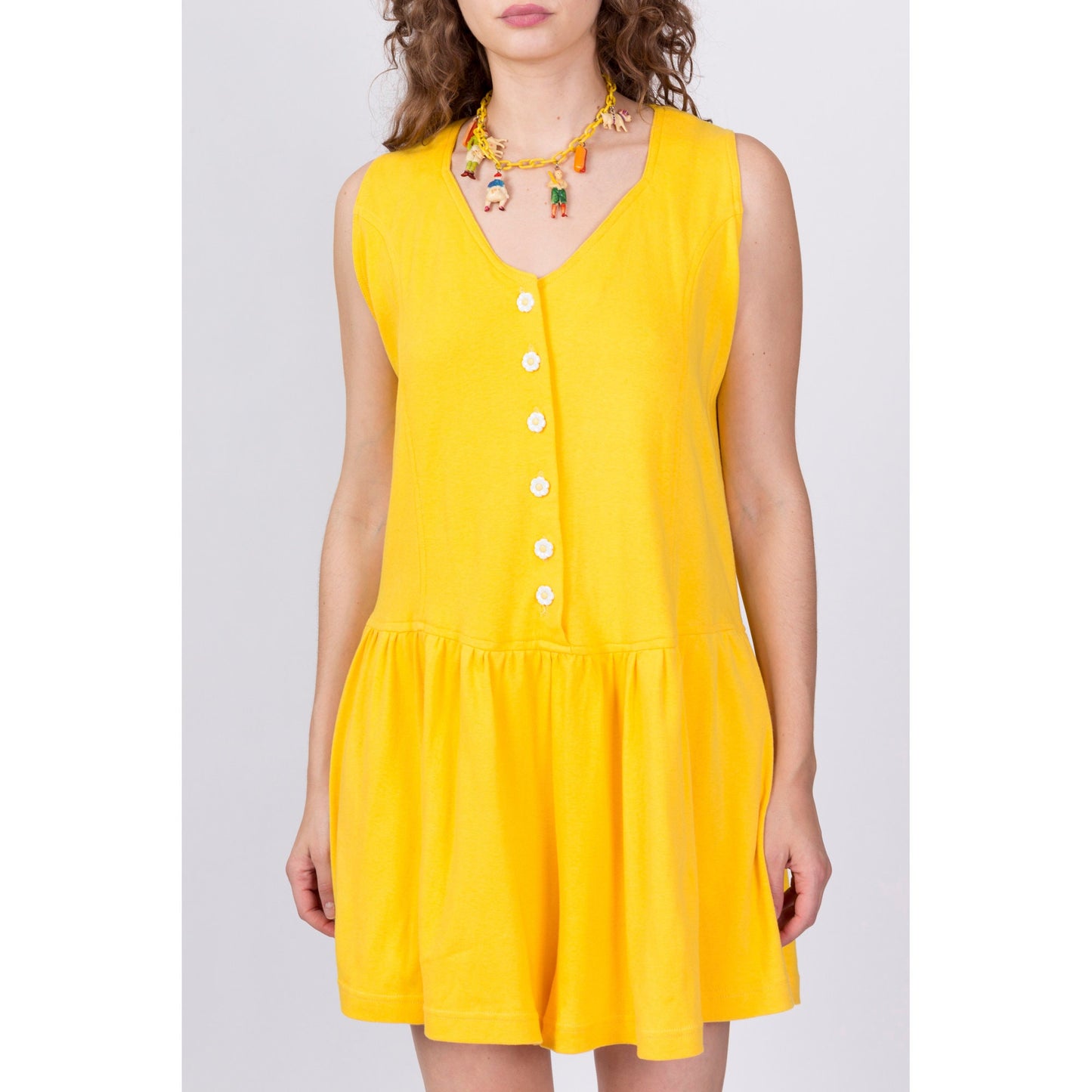 80s Yellow Daisy Button Romper, Deadstock With Tags - Large 