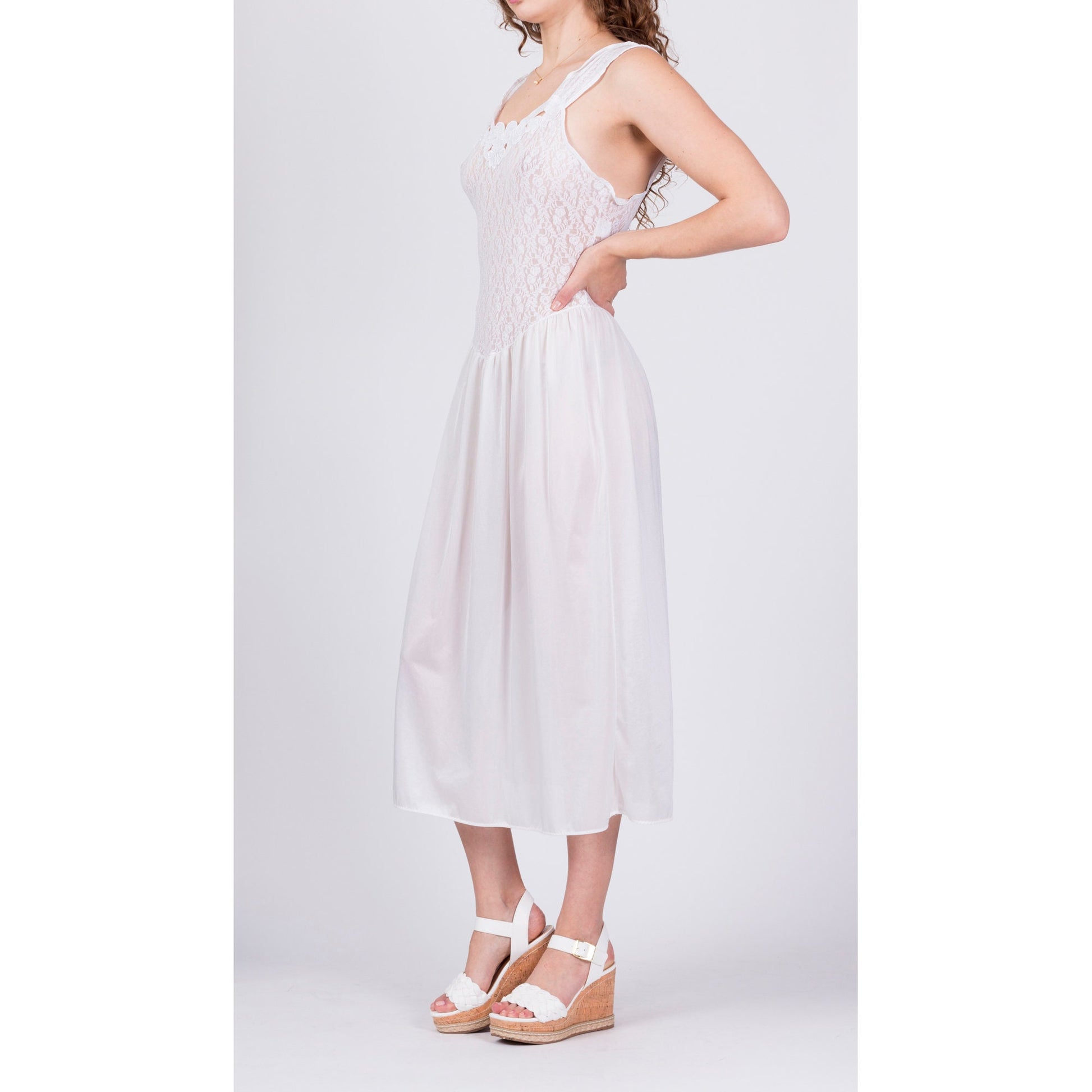 80s Sheer White Lace Nightgown - Medium 