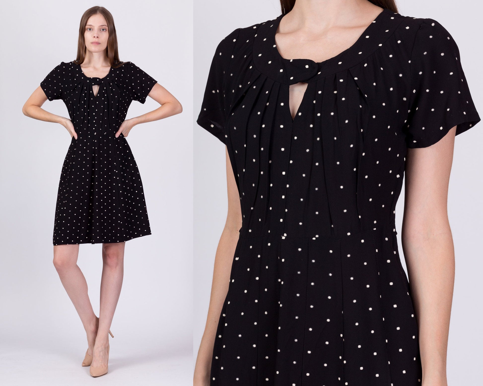 1940s Black Polka Dot Mini Dress - Medium 