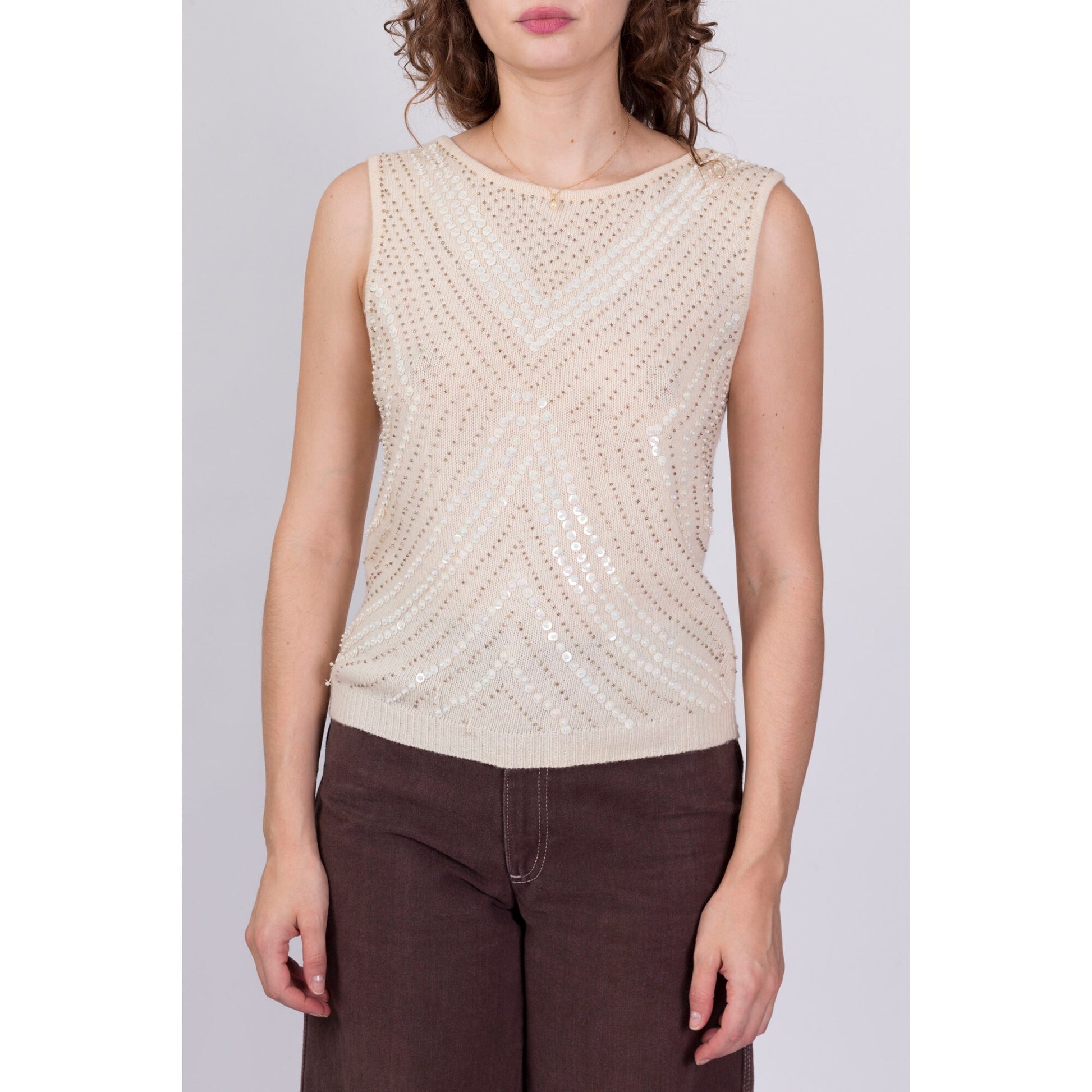 Vintage 60s Style Beaded Sleeveless Knit Top - Medium 