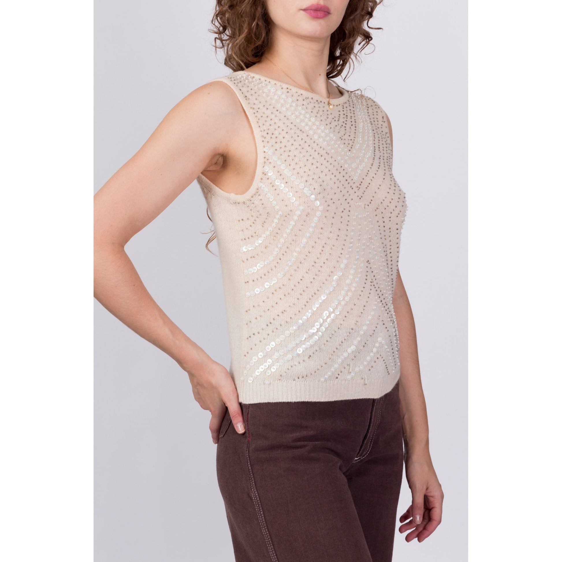 Vintage 60s Style Beaded Sleeveless Knit Top - Medium 