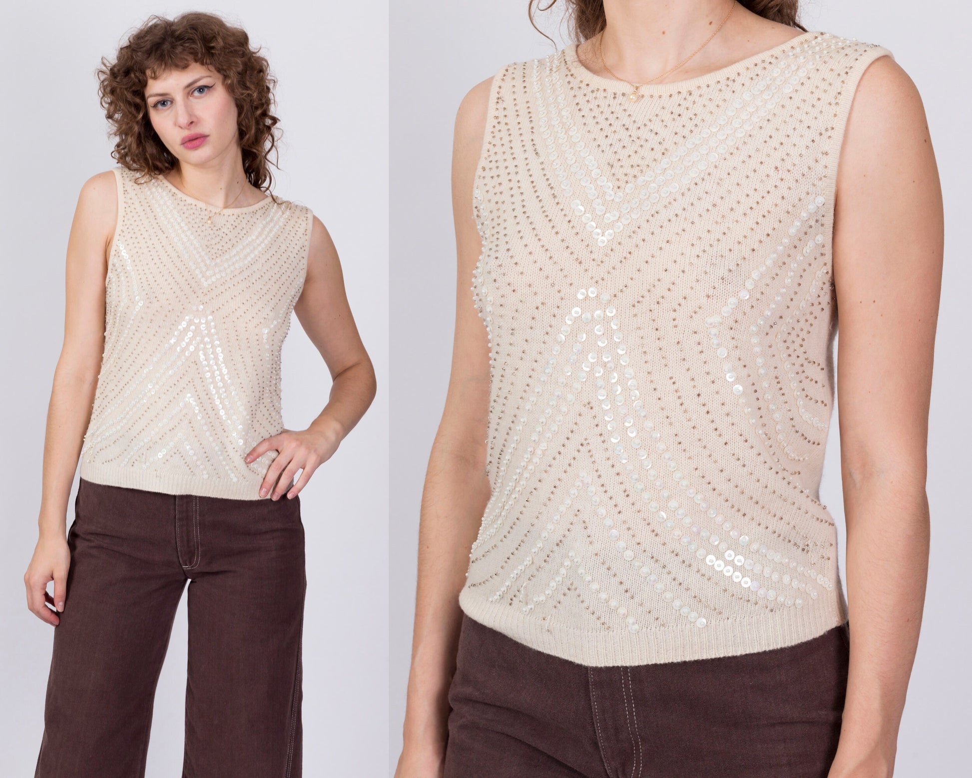 Vintage 60s Style Beaded Sleeveless Knit Top - Medium 