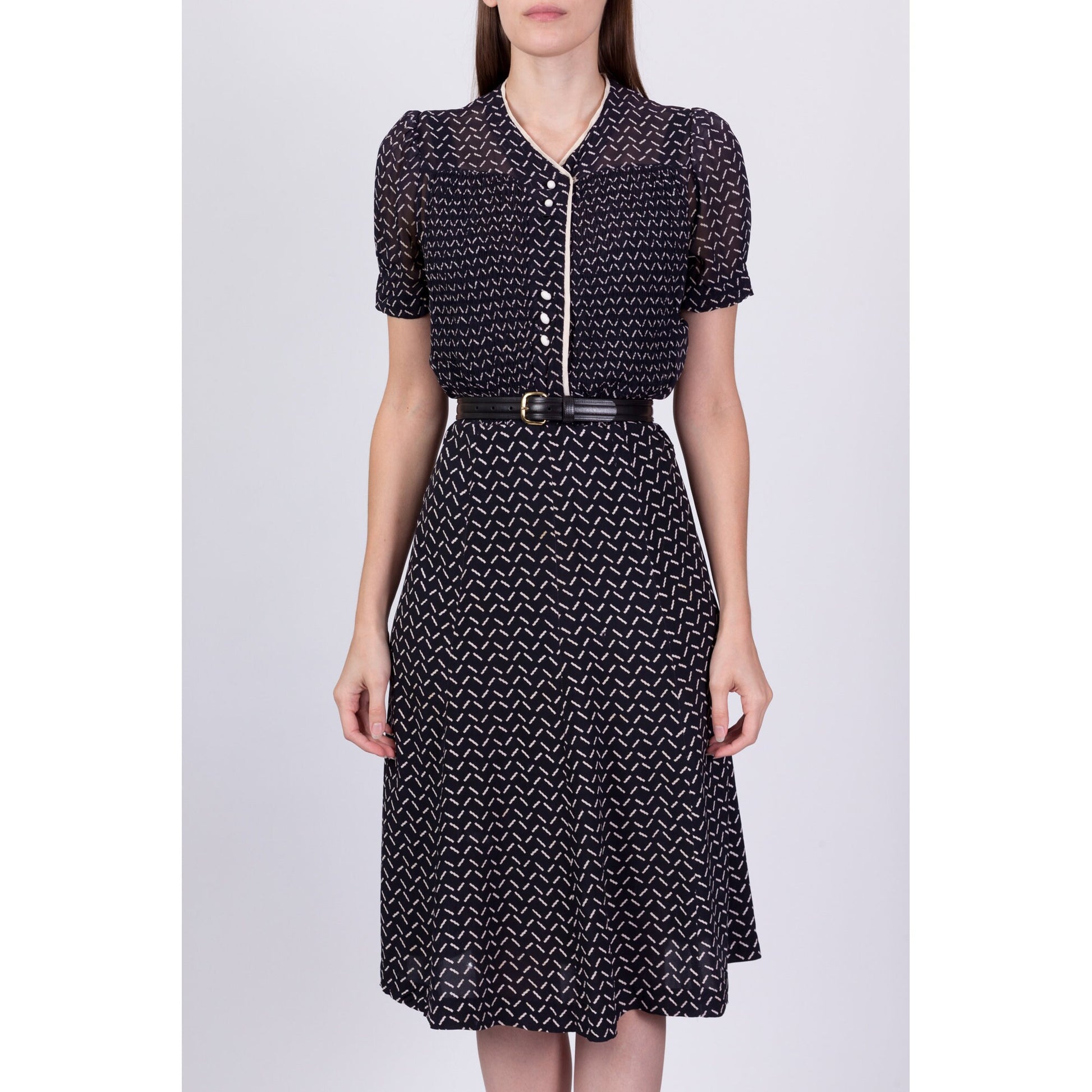 1940s Black & White Sheer Midi Shirtdress, As Is - Medium 