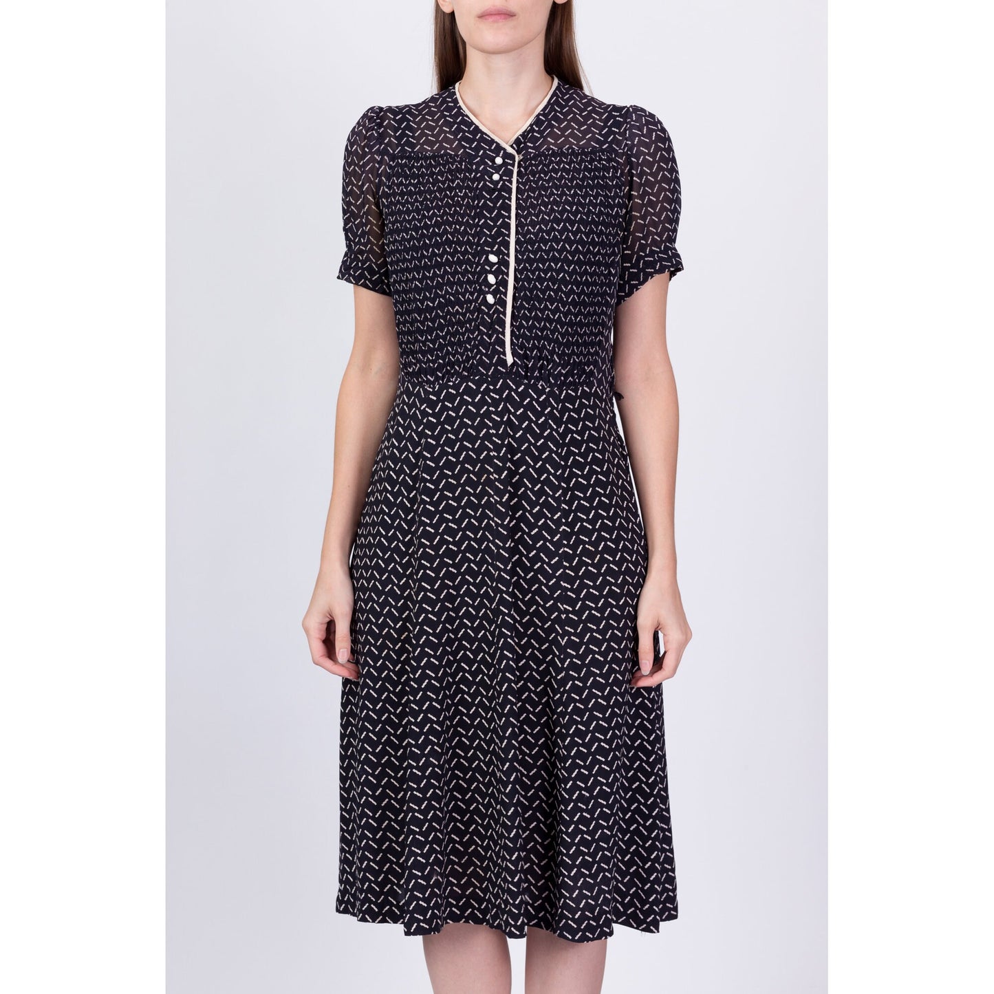 1940s Black & White Sheer Midi Shirtdress, As Is - Medium 