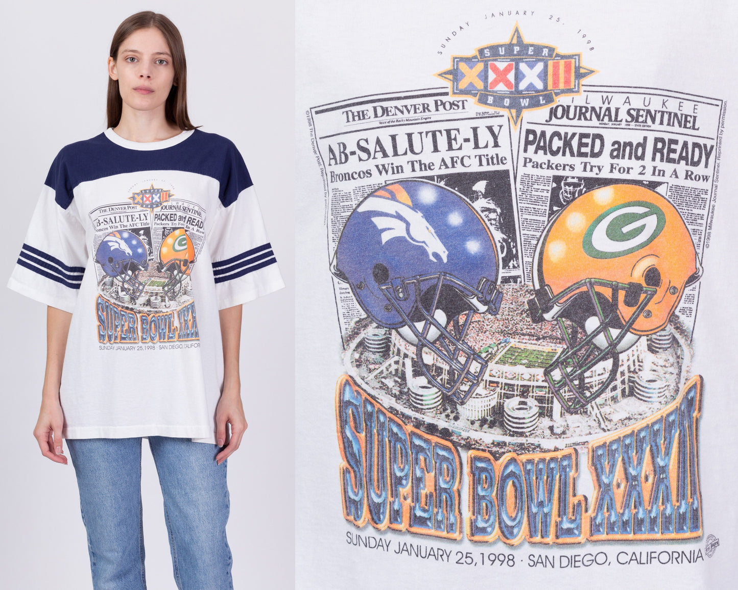 Vintage 1998 Super Bowl XXXII Newspaper Print T Shirt - Men's Large, Women's XL 