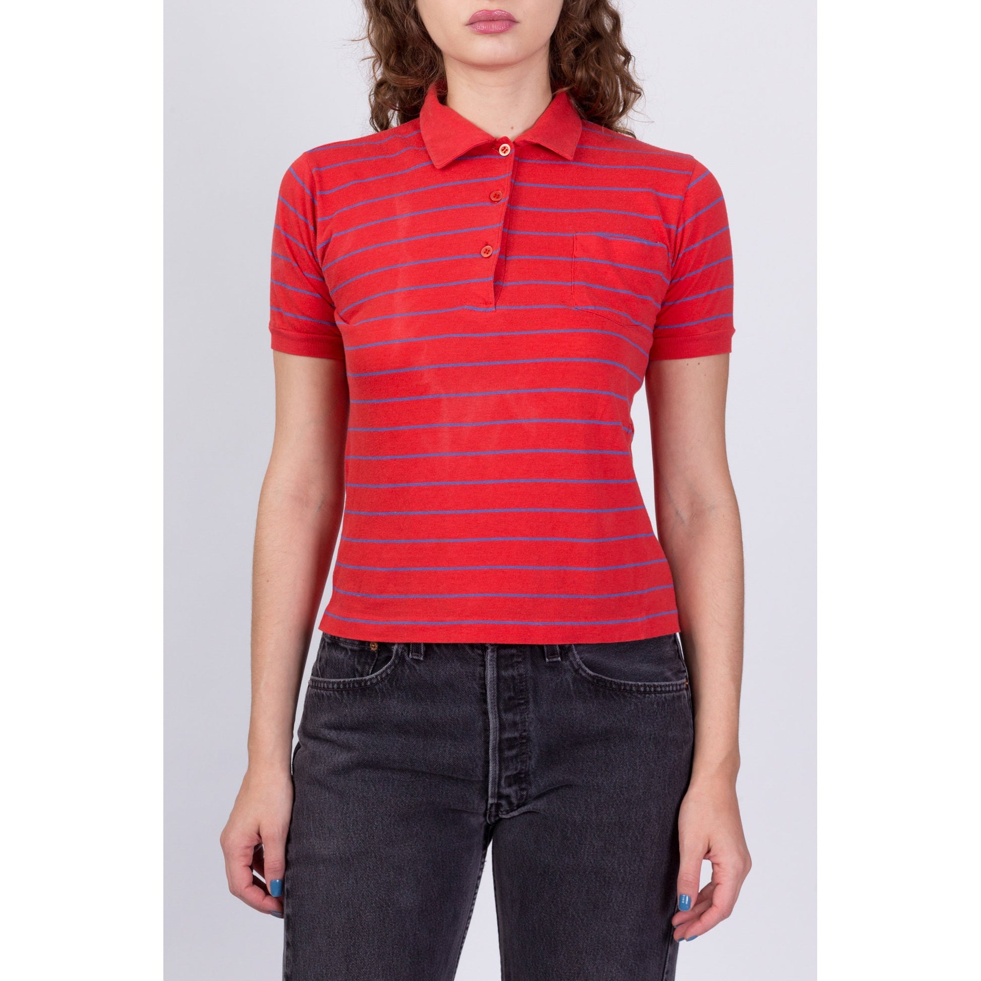80s Red Striped Polo Shirt - Small 