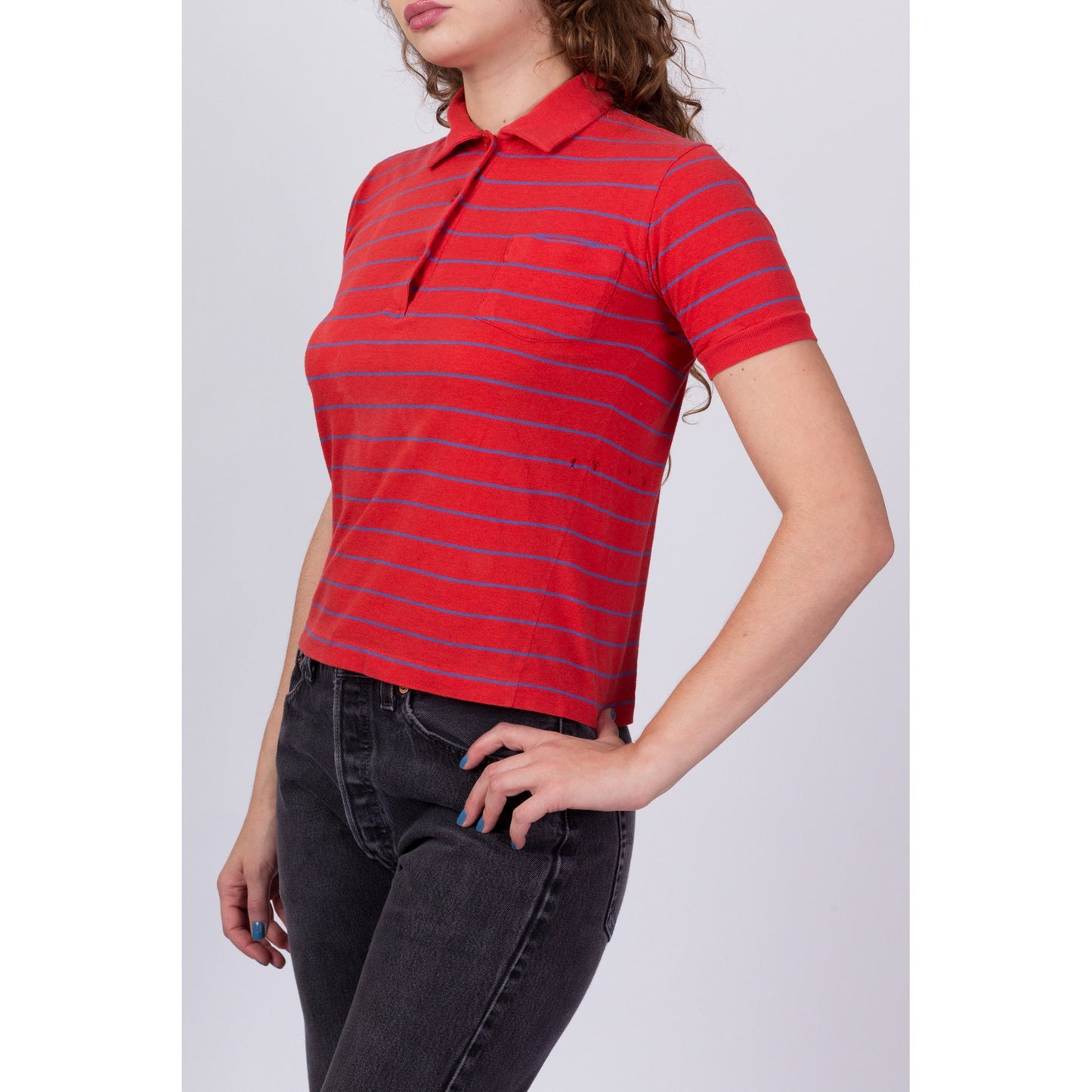 80s Red Striped Polo Shirt - Small 