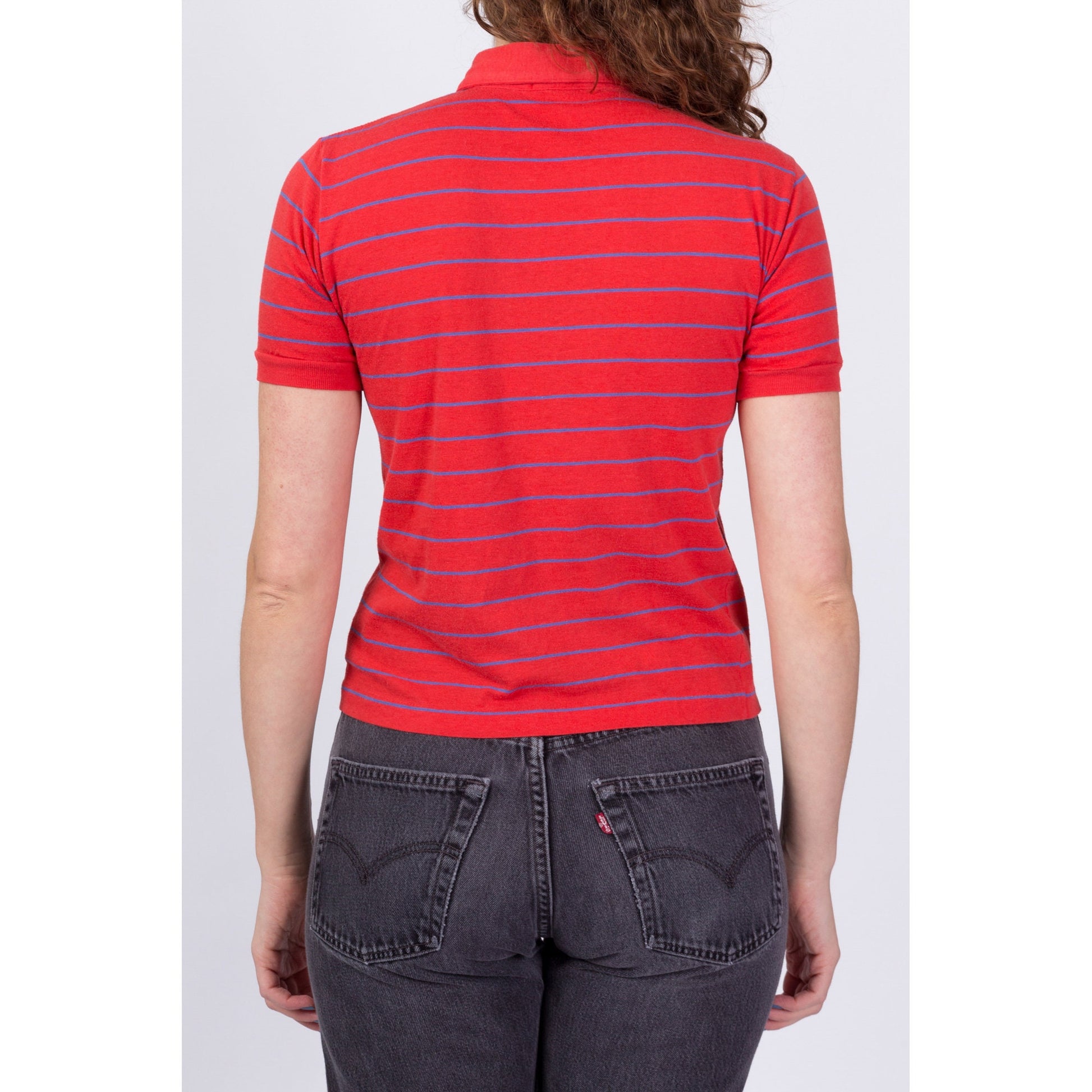 80s Red Striped Polo Shirt - Small 