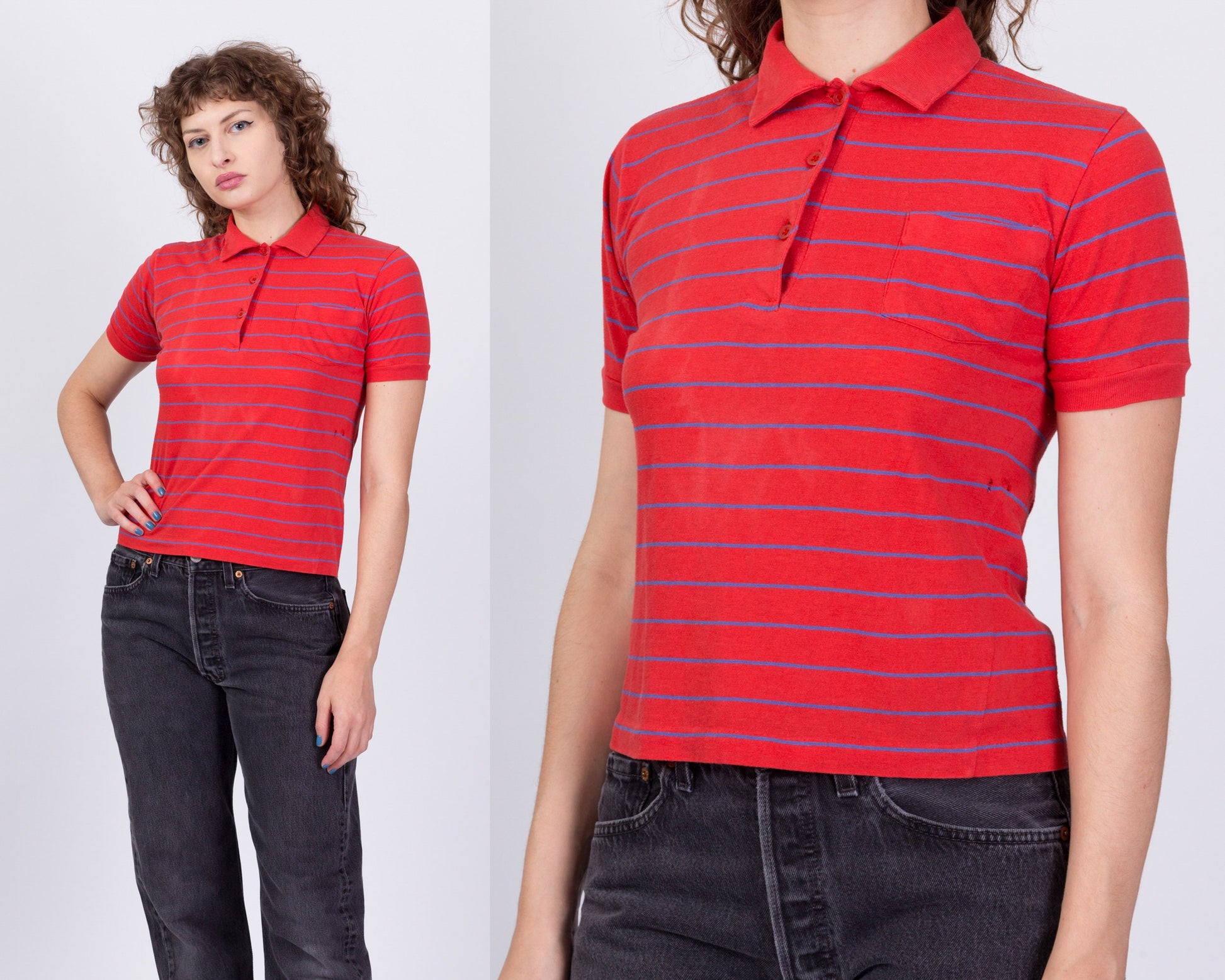 80s Red Striped Polo Shirt - Small 