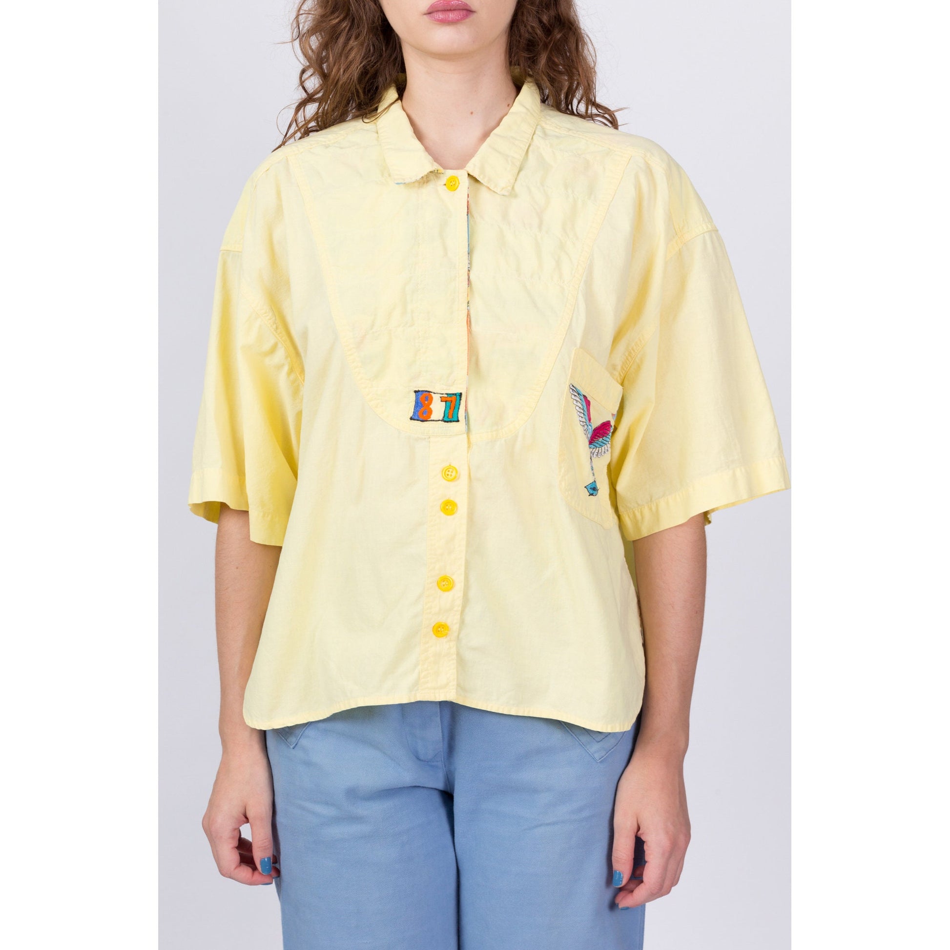 80s Yellow Oversized Button Up Streetwear Shirt - Men's Medium, Women's Large to XL 