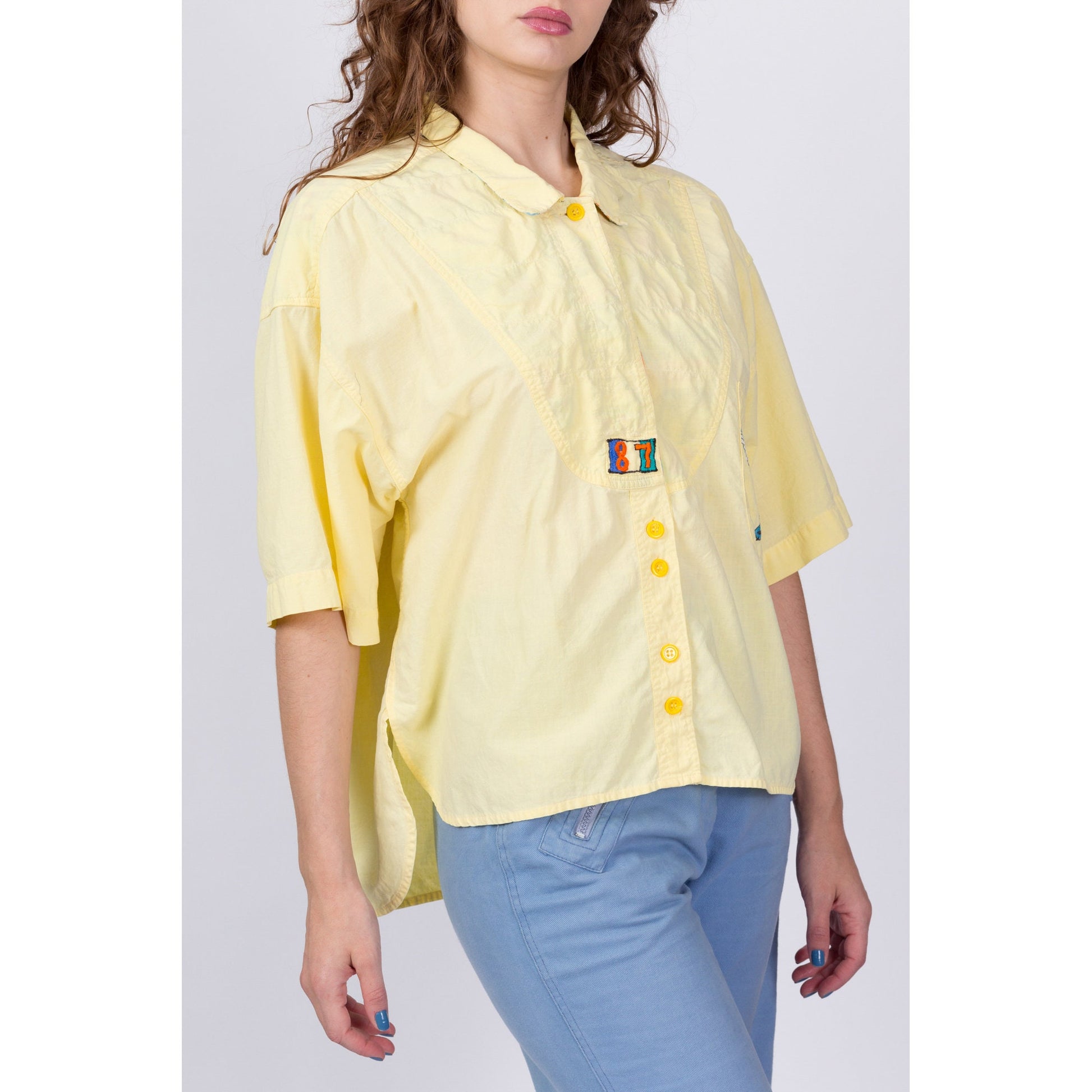 80s Yellow Oversized Button Up Streetwear Shirt - Men's Medium, Women's Large to XL 