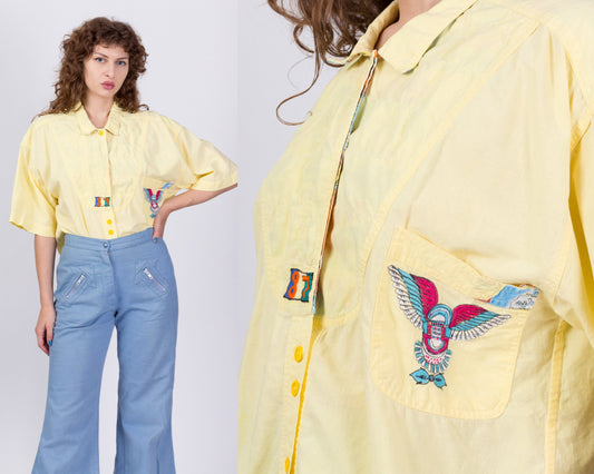 80s Yellow Oversized Button Up Streetwear Shirt - Men's Medium, Women's Large to XL 