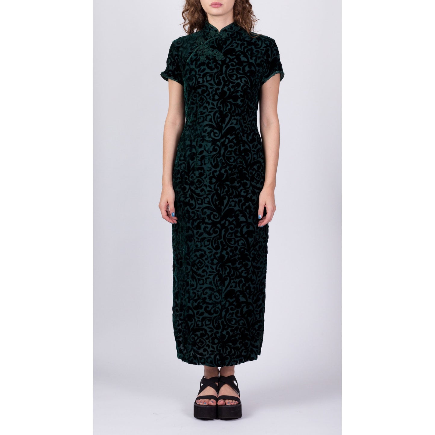 Vintage Green Velvet Burnout Cheongsam Dress, Deadstock - XS and Medium/Large 