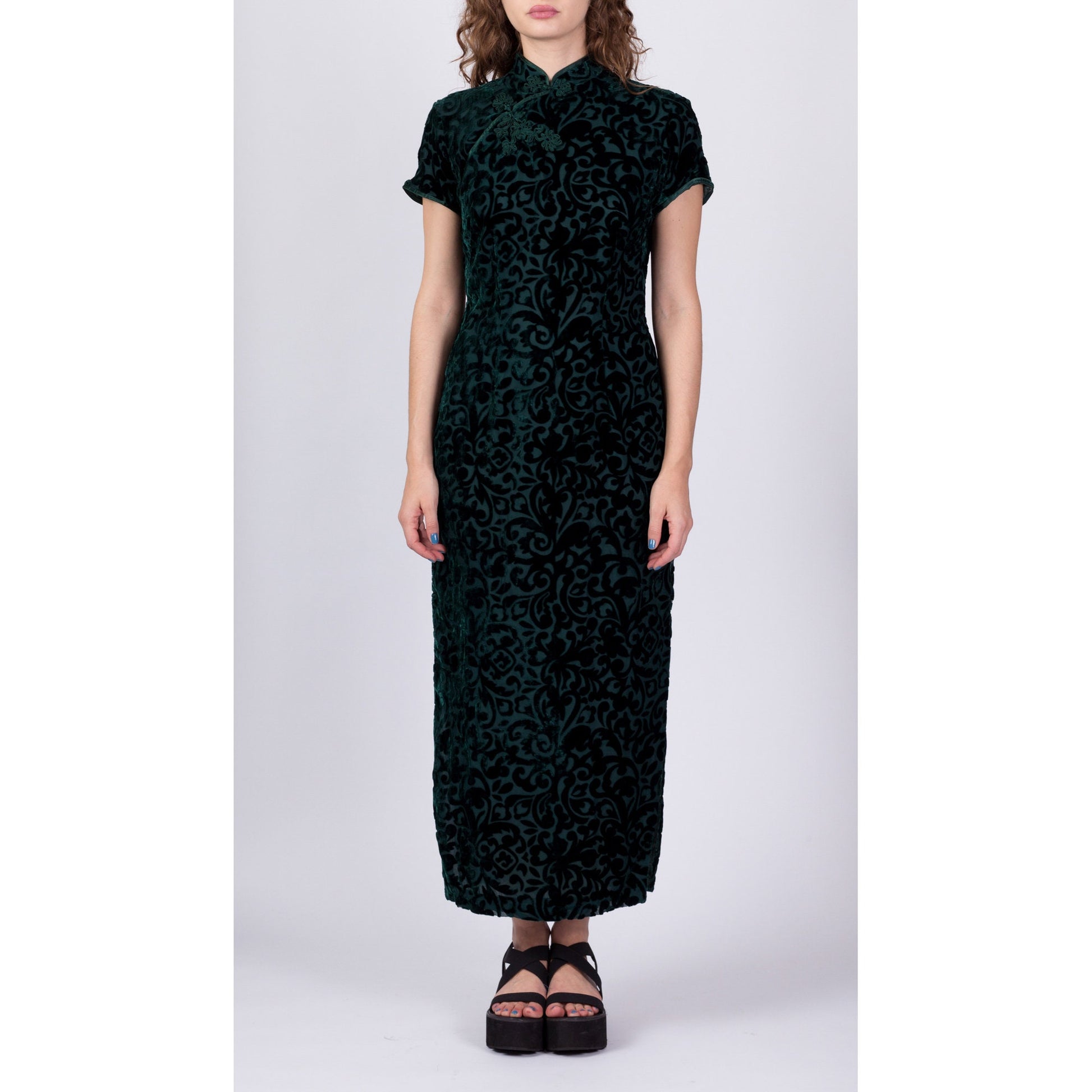 Vintage Green Velvet Burnout Cheongsam Dress, Deadstock - XS and Medium/Large 