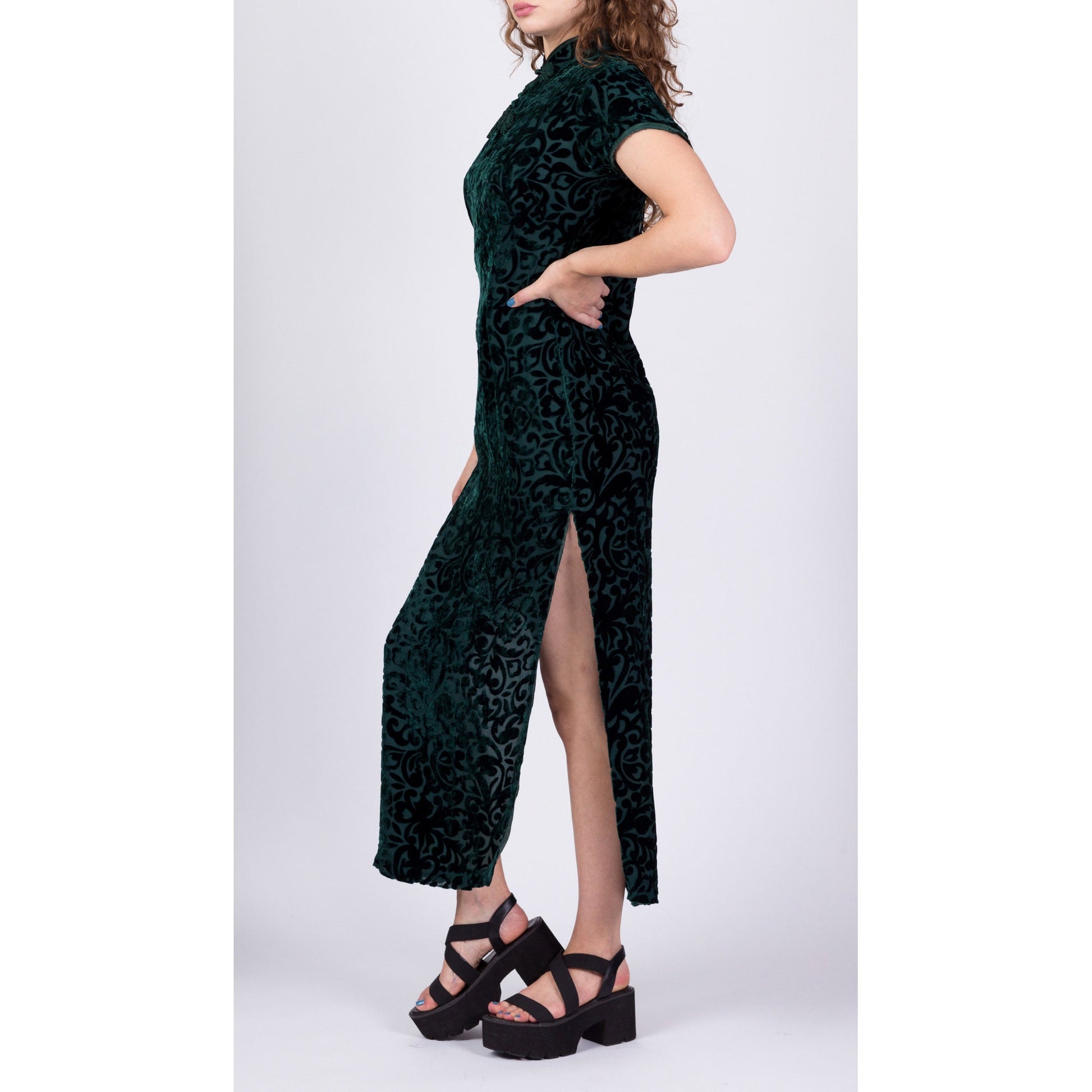 Vintage Green Velvet Burnout Cheongsam Dress, Deadstock - XS and Medium/Large 