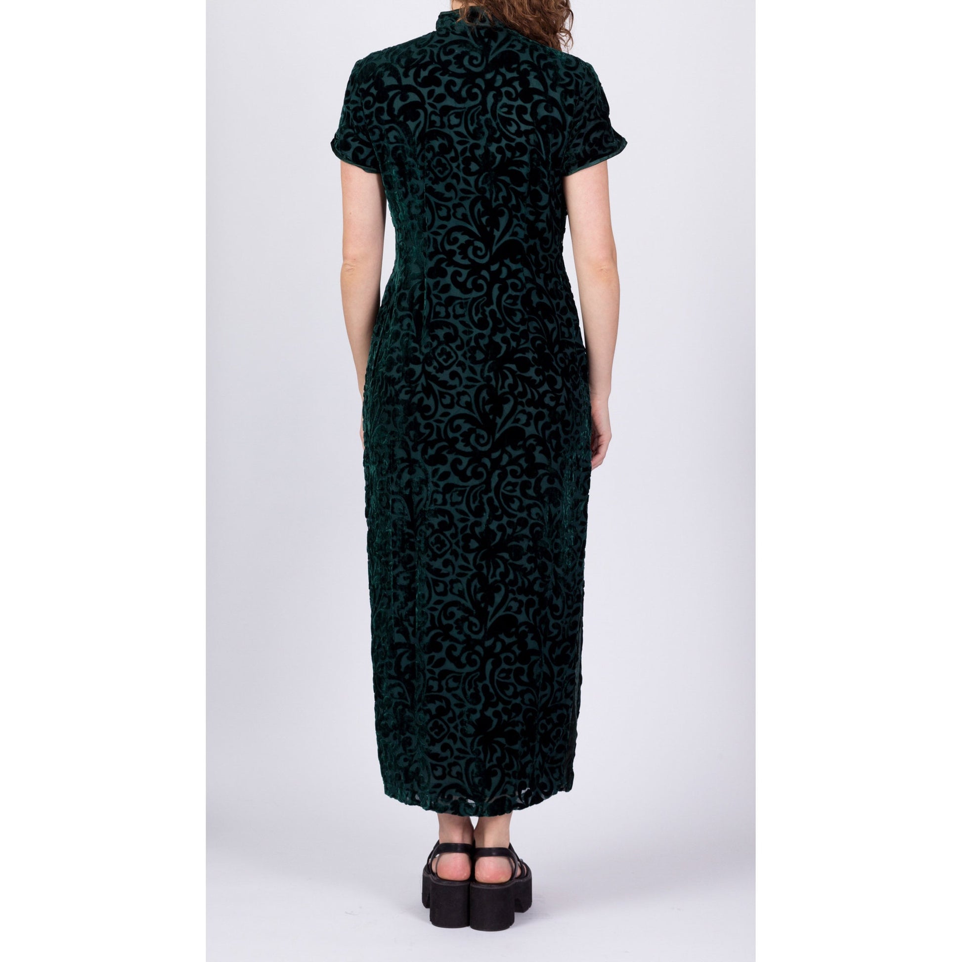 Vintage Green Velvet Burnout Cheongsam Dress, Deadstock - XS and Medium/Large 