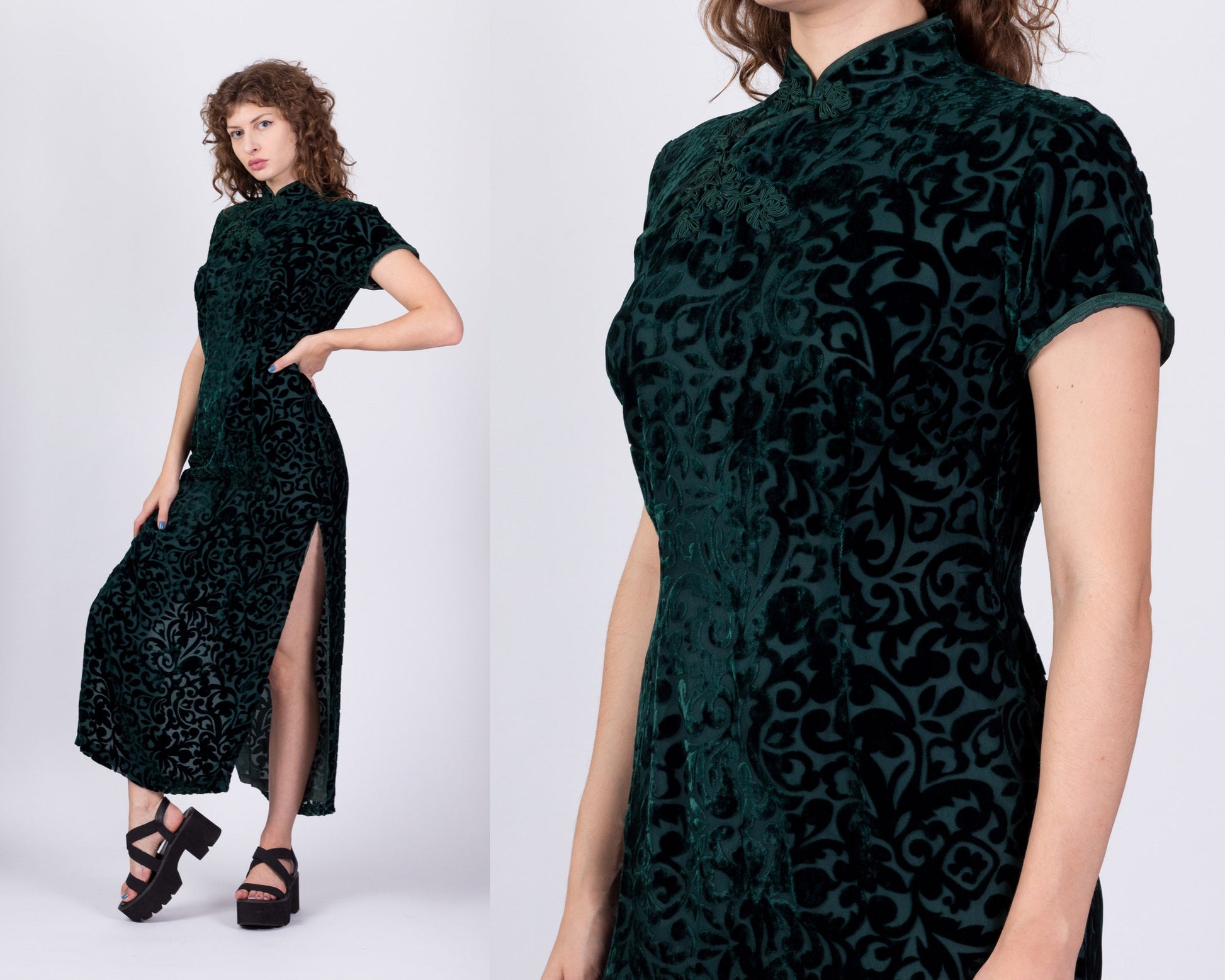 Vintage Green Velvet Burnout Cheongsam Dress, Deadstock - XS and Medium/Large 