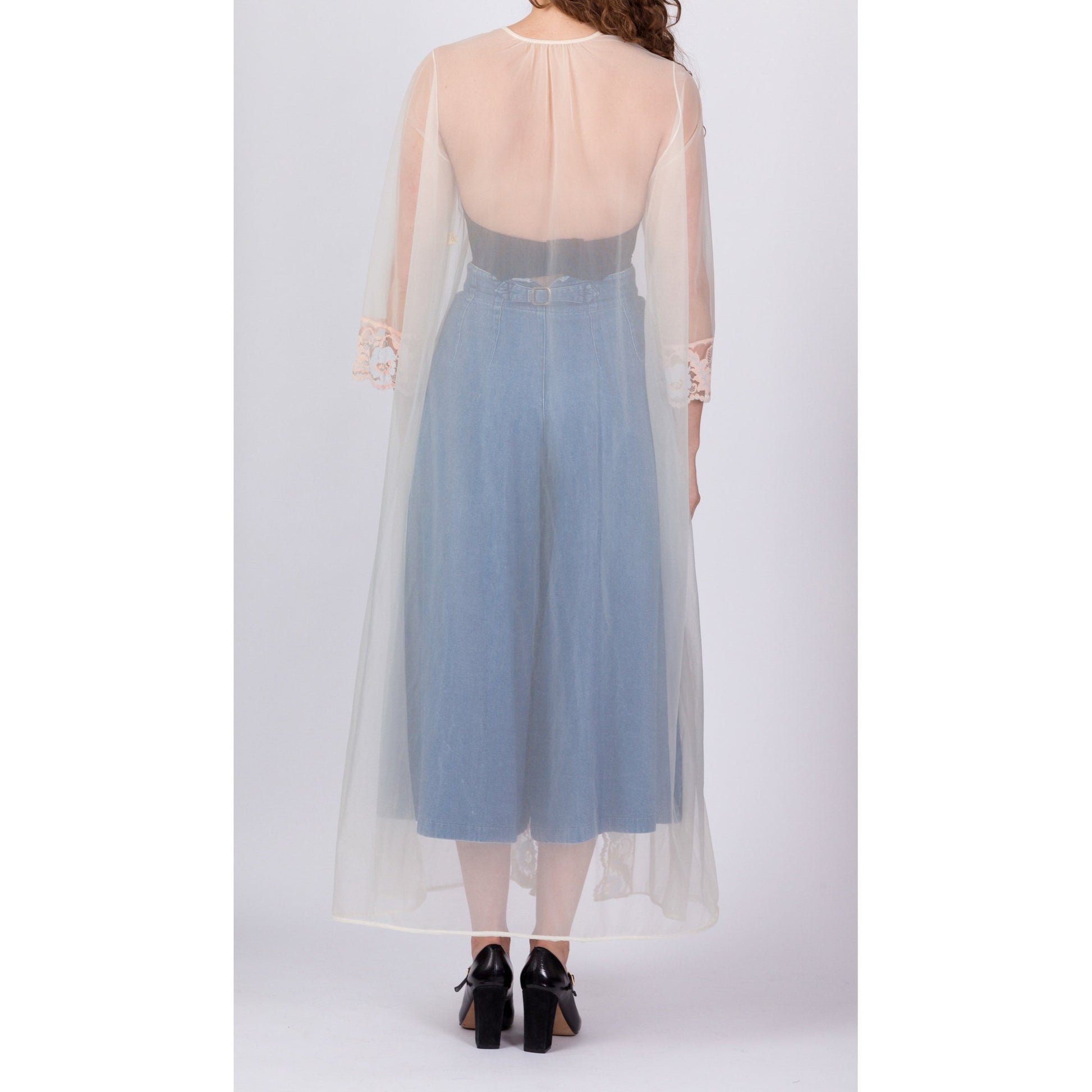60s 70s Sheer Bluebell Lace Peignoir - Medium 