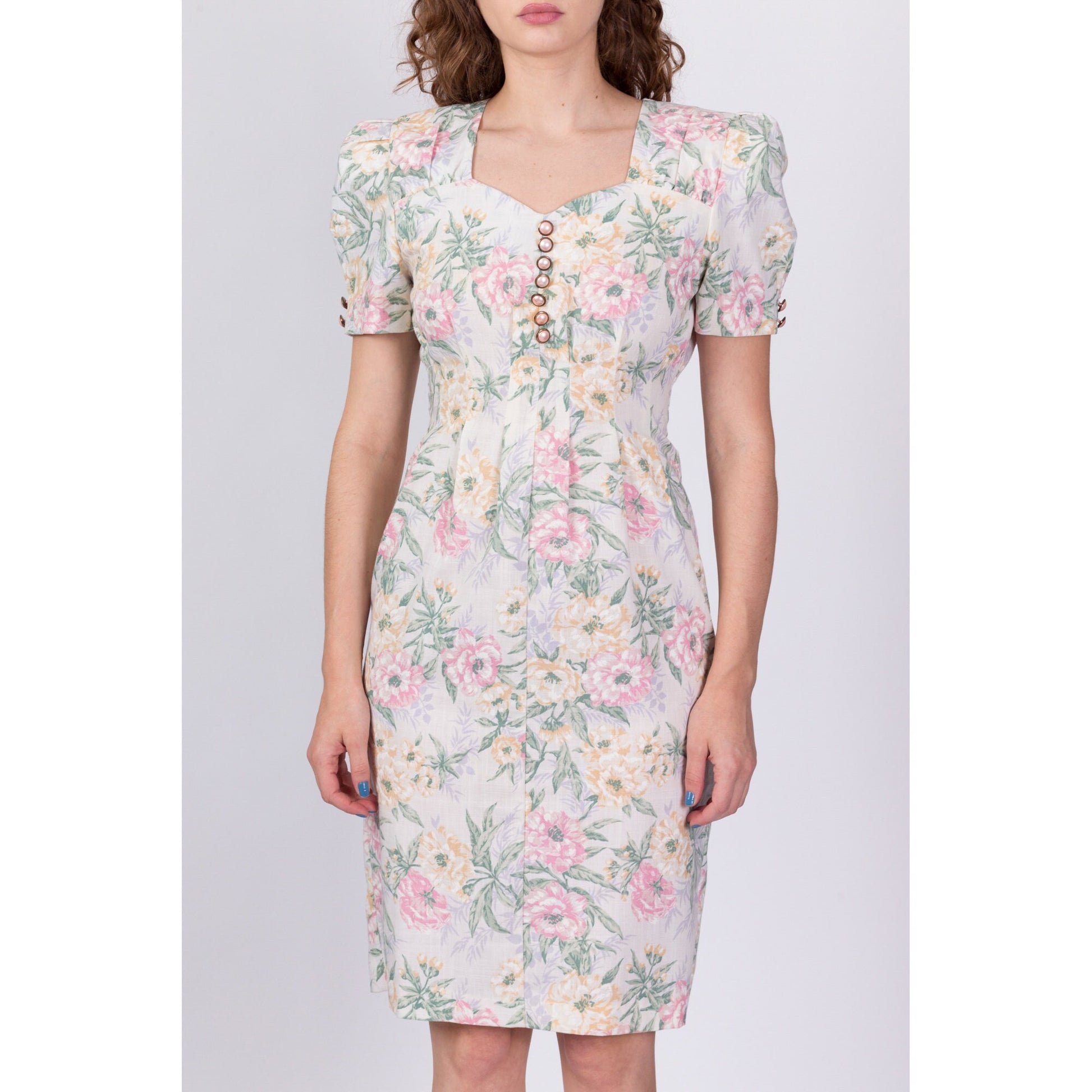 80s Pastel Floral Puff Sleeve Dress - Medium 