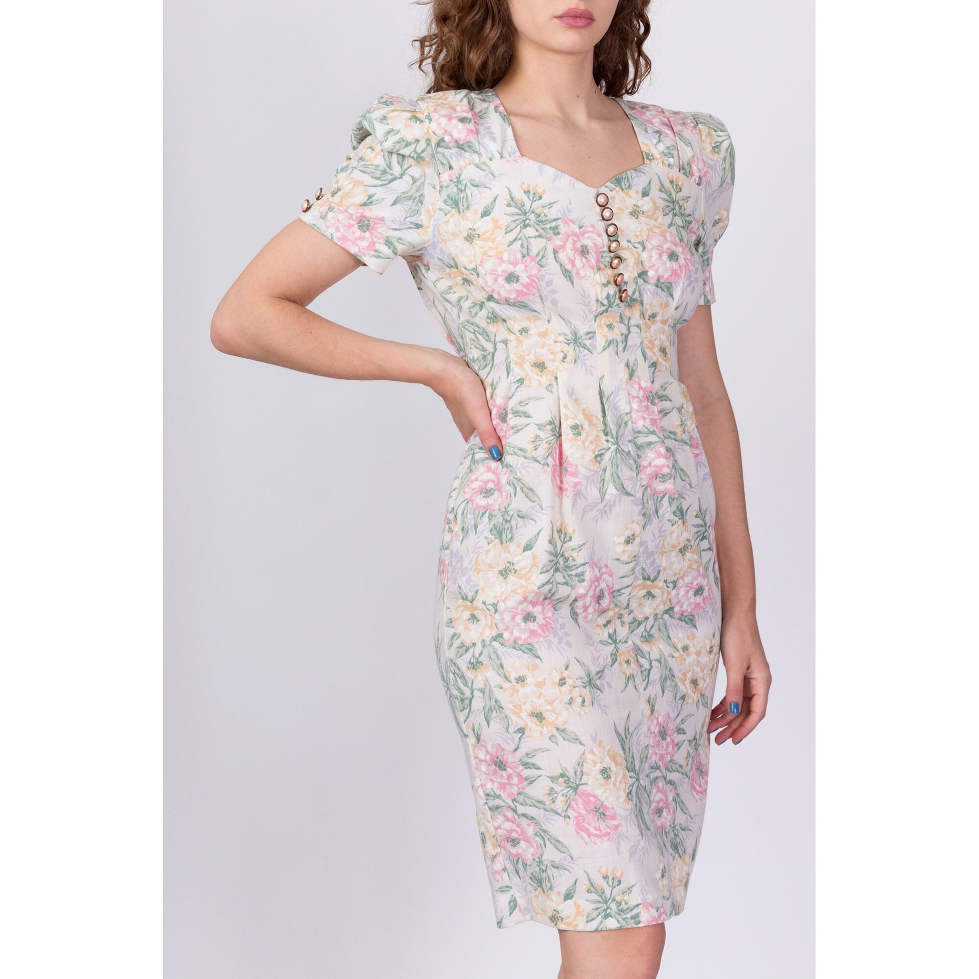 80s Pastel Floral Puff Sleeve Dress - Medium 