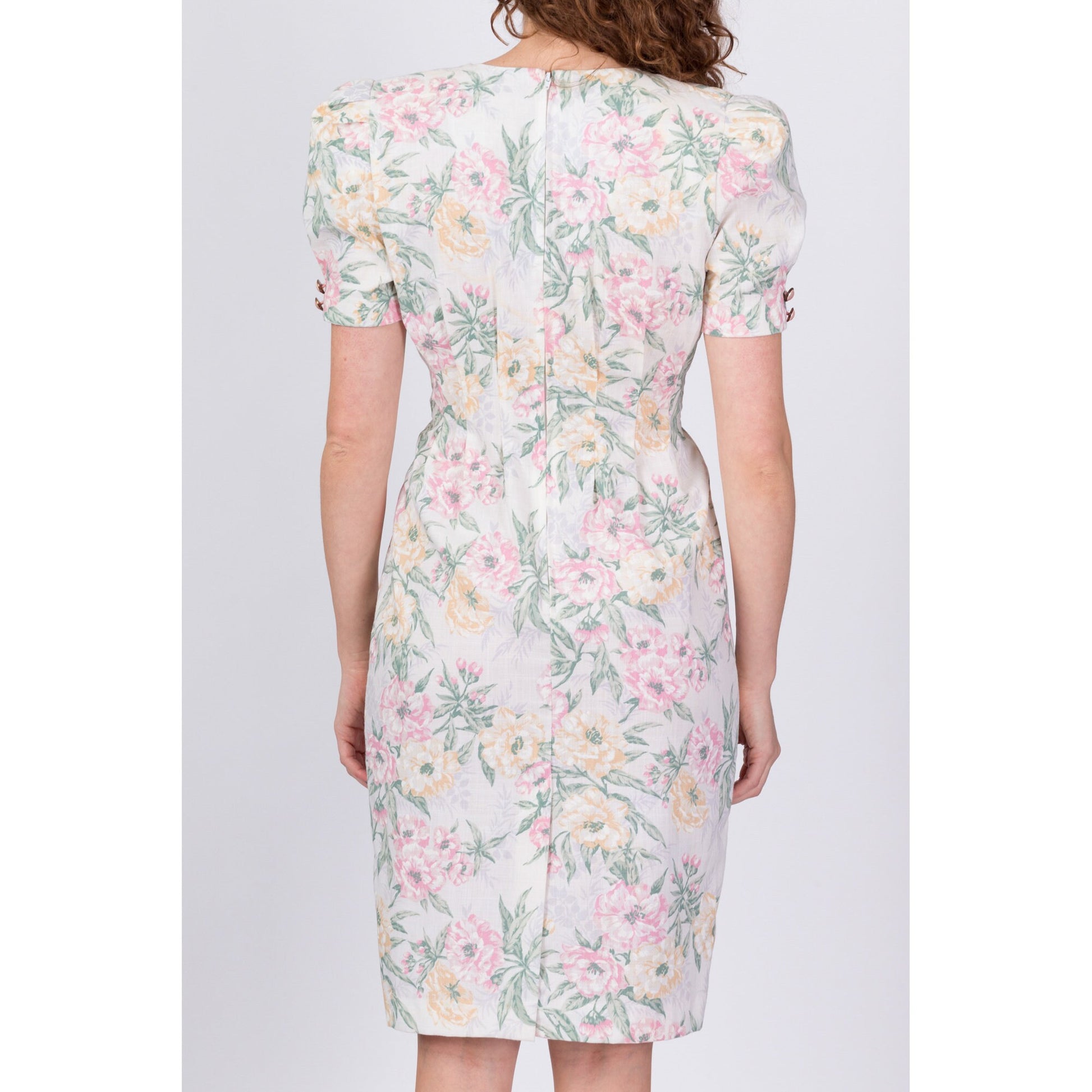 80s Pastel Floral Puff Sleeve Dress - Medium 
