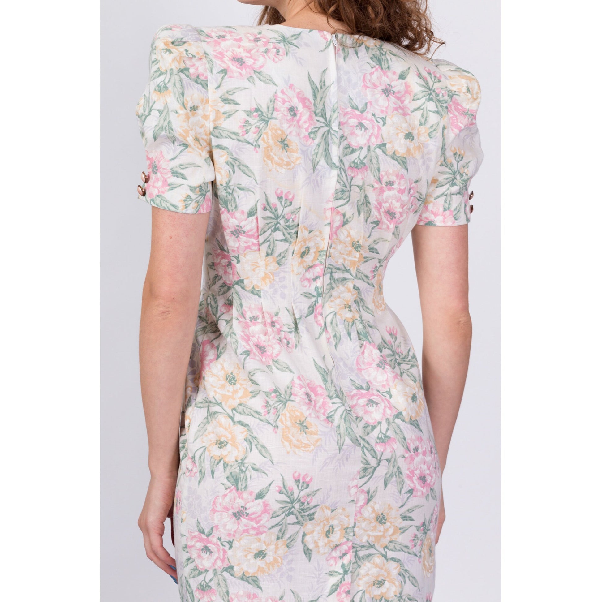 80s Pastel Floral Puff Sleeve Dress - Medium 