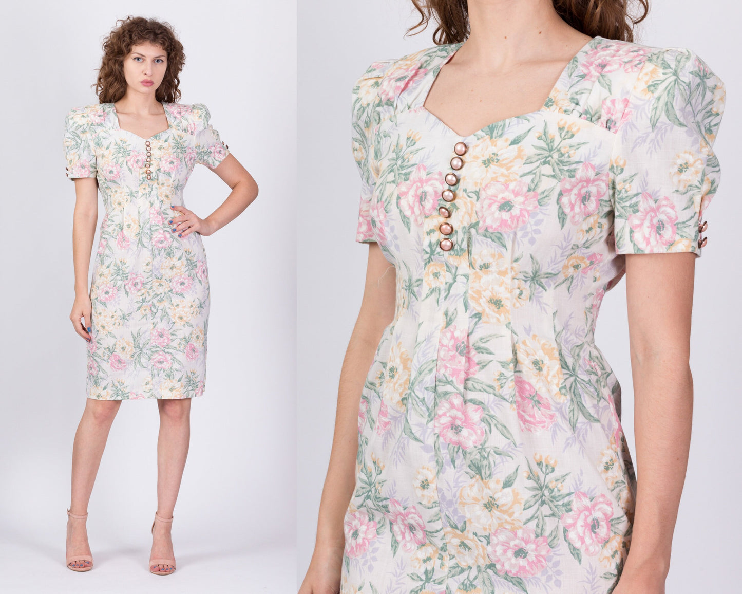 80s Pastel Floral Puff Sleeve Dress - Medium 