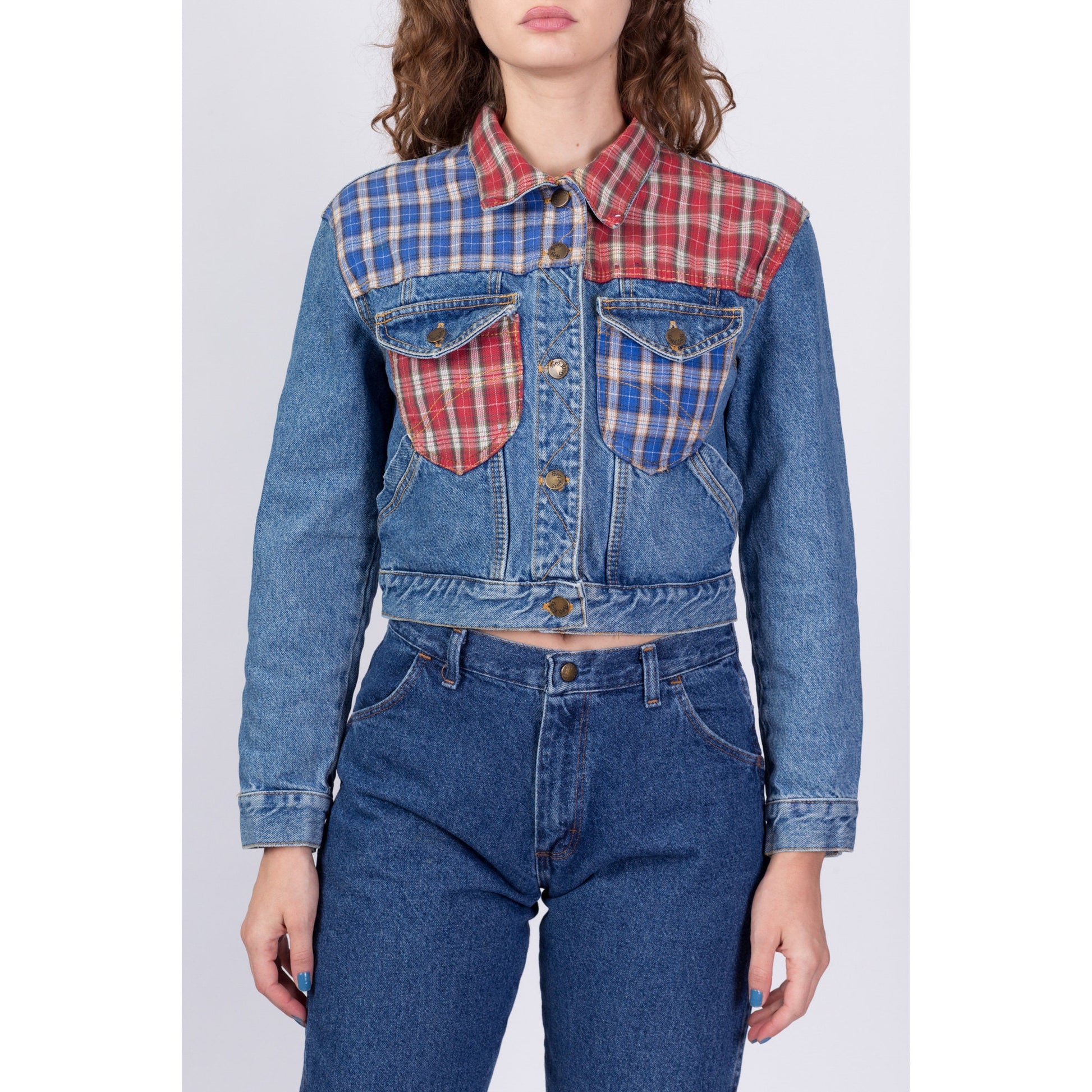 90s Flannel Trim Cropped Denim Jacket - Small 