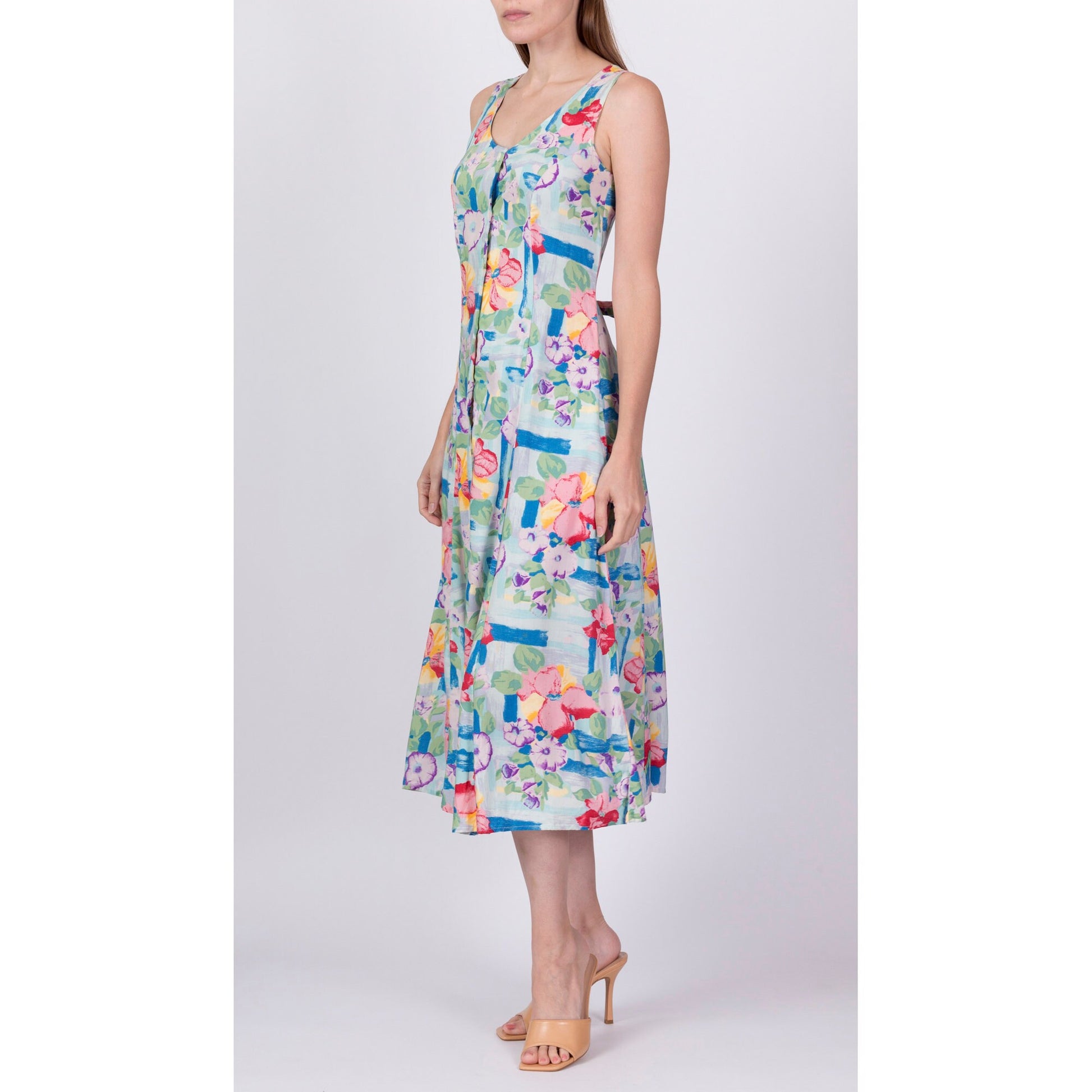 90s Blue Floral Button Front Sundress - Small 