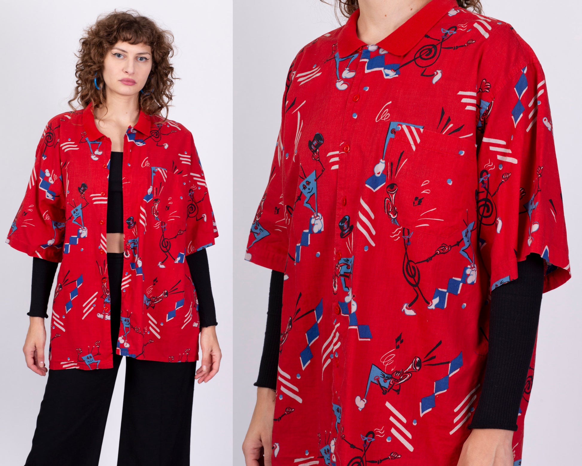 Vintage Red Novelty Music Print Shirt - Men's Large 