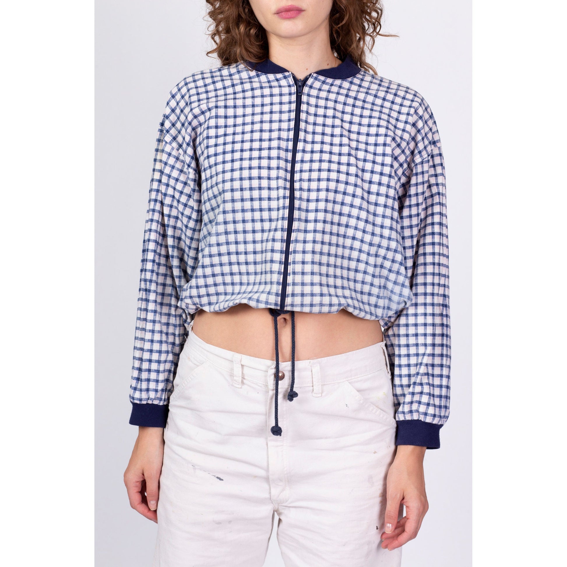 80s 90s Plaid Zip Up Cropped Jacket - One Size 