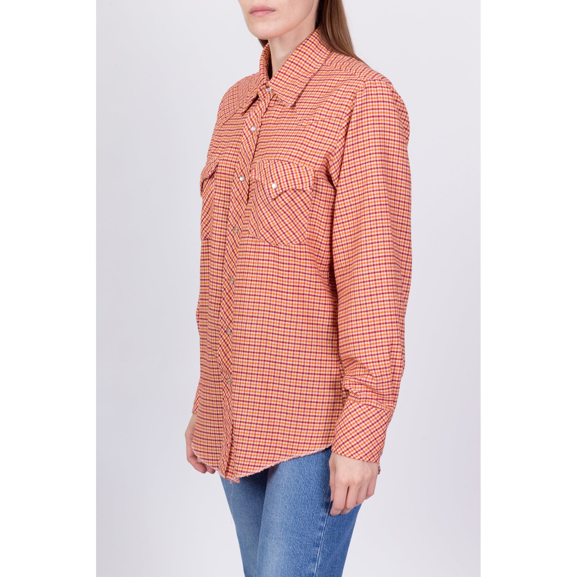 70s Plaid Flannel Western Pearl Snap Shirt - Men's Medium, Women's Large 