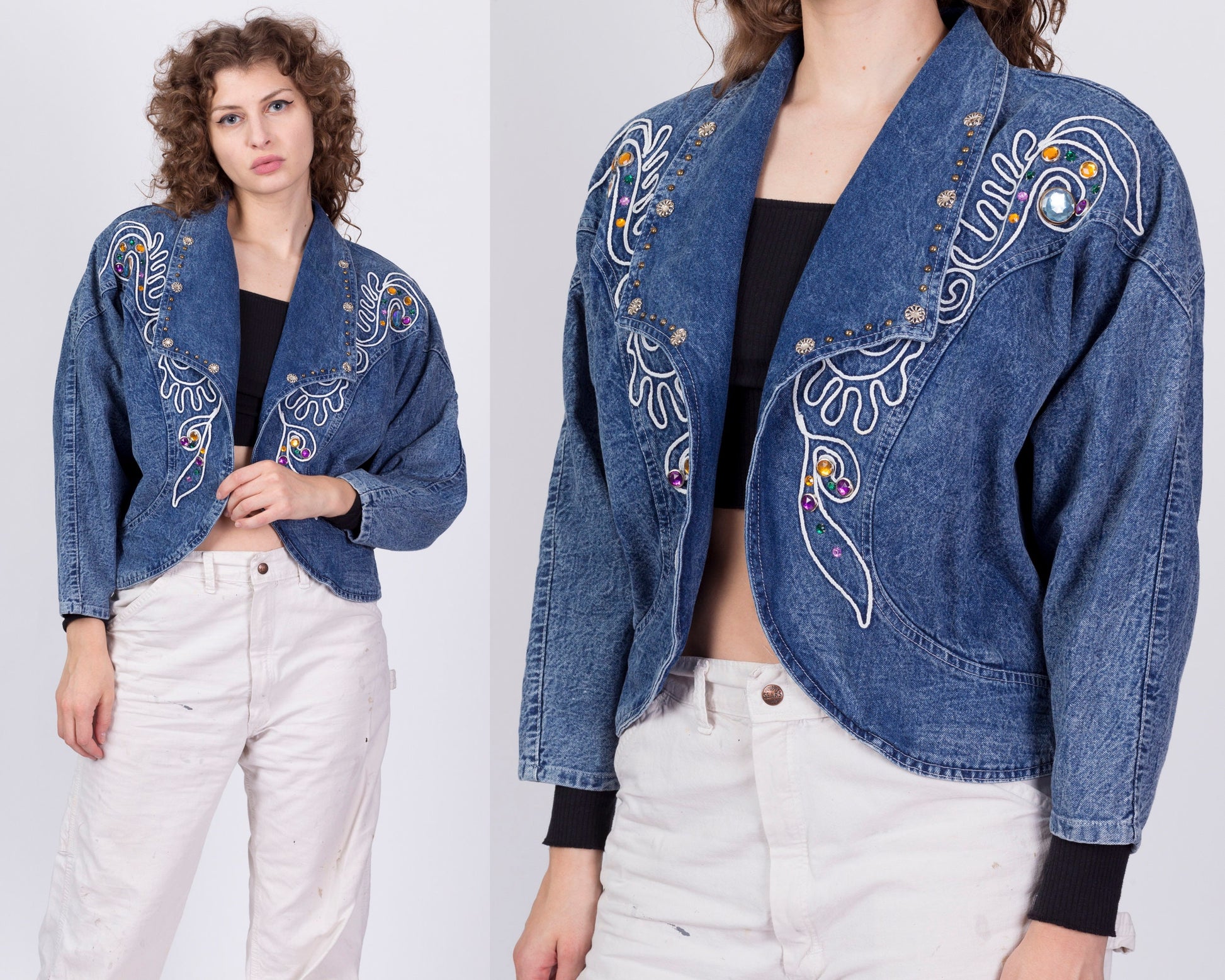 80s Acid Wash Embellished Cropped Jean Jacket - Large 