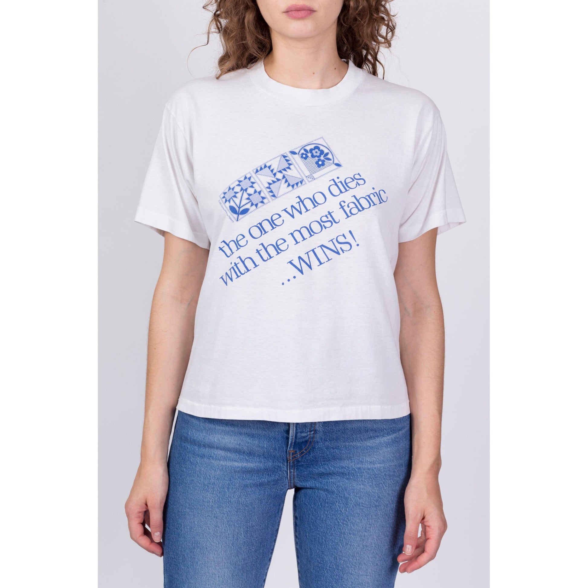 80s "The One Who Dies With The Most Fabric Wins" Quilting T Shirt - Large 