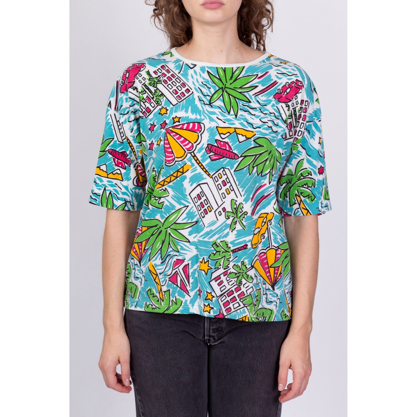 80s All Over Print Tropical Island Graphic T Shirt - Large 