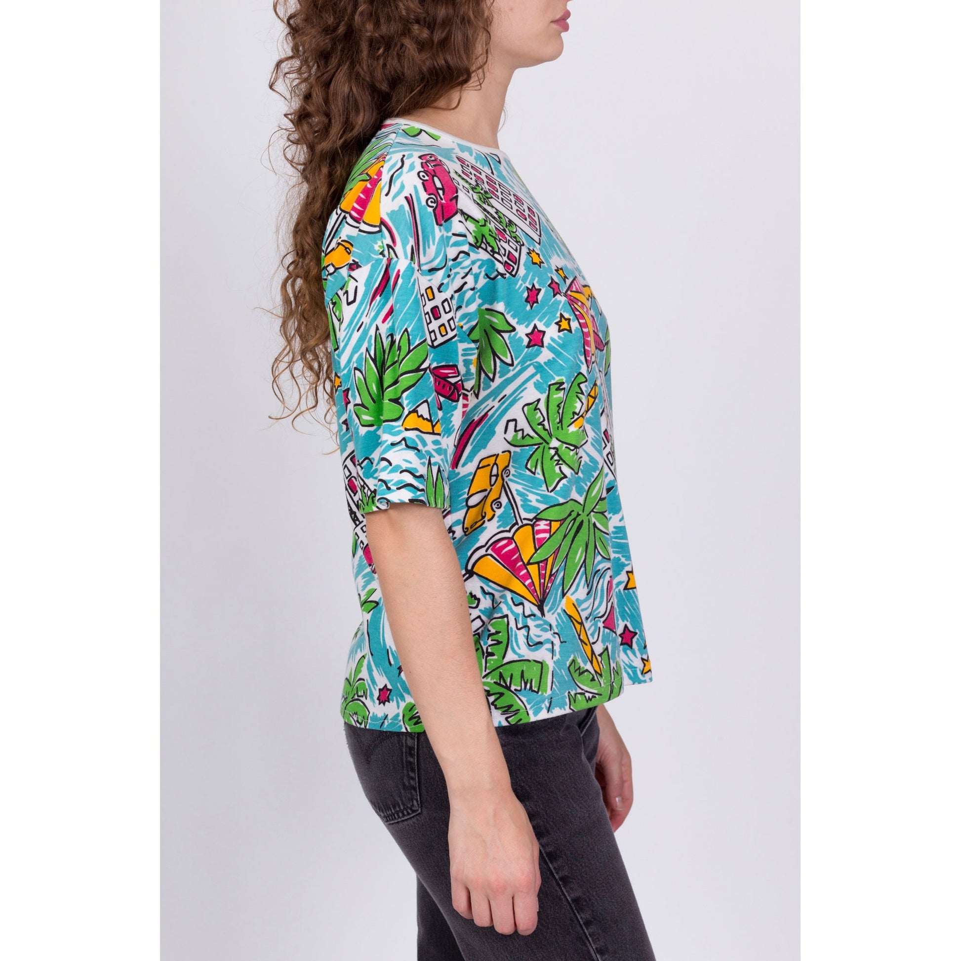 80s All Over Print Tropical Island Graphic T Shirt - Large 