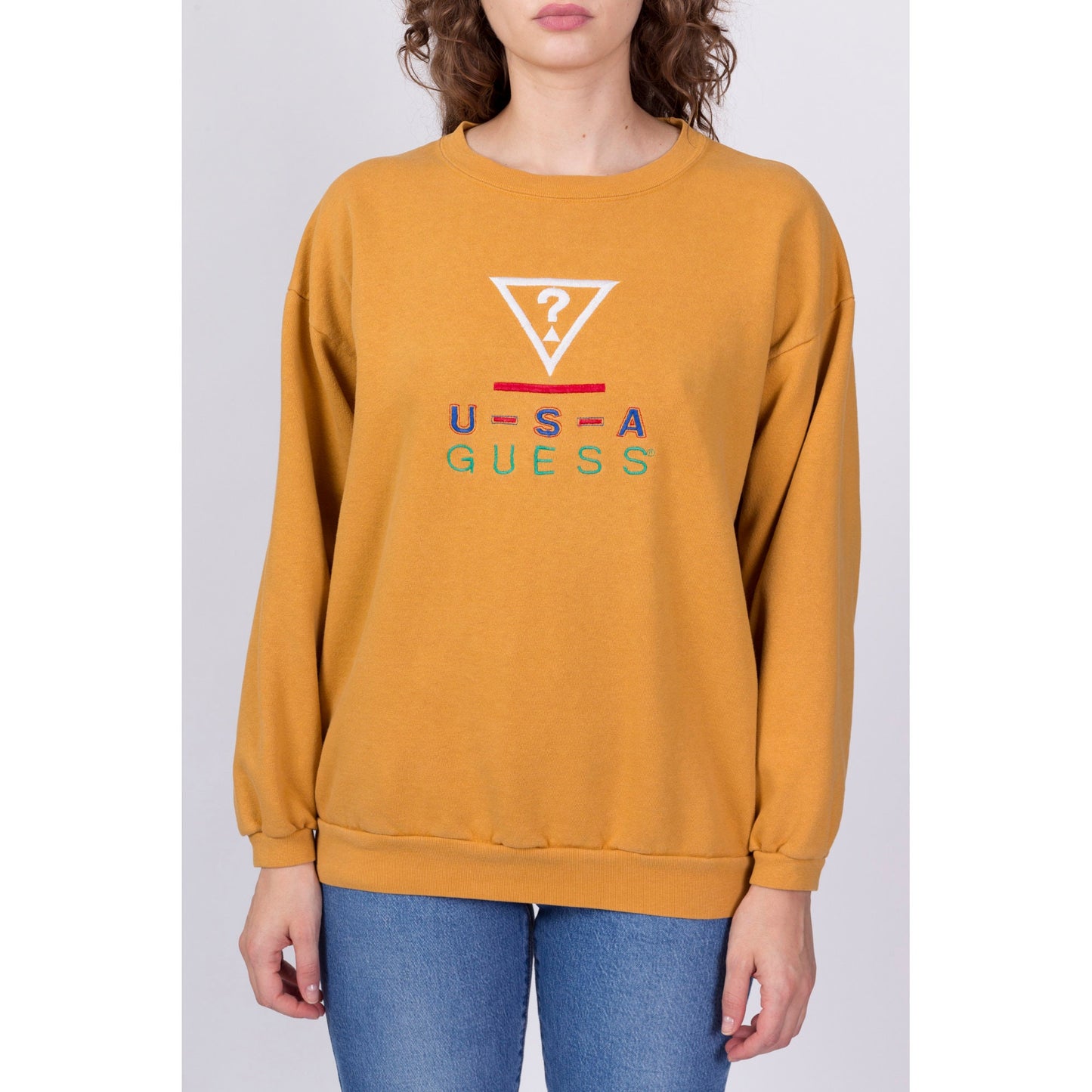 90s Guess USA Mustard Yellow Sweatshirt - One Size 